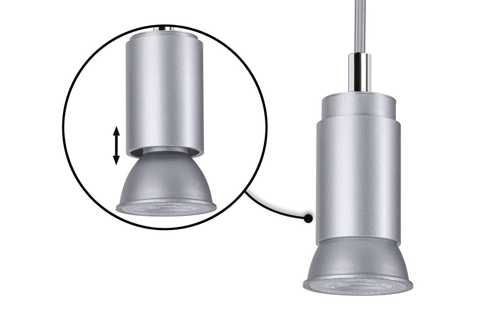 Srebrna, podesiva stropna lampa s okruglom glavom. Uvećanje prikazuje mehanizam za podešavanje visine.