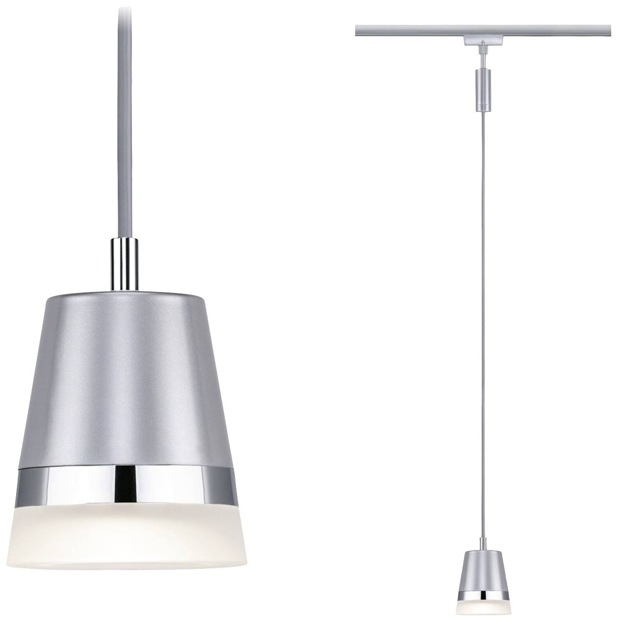 Viseća lampa s metalnim kućištem srebrne boje i matiranim staklom. Vidljiva montaža na stropu. Modernog dizajna, pogodna za unutarnje prostore.