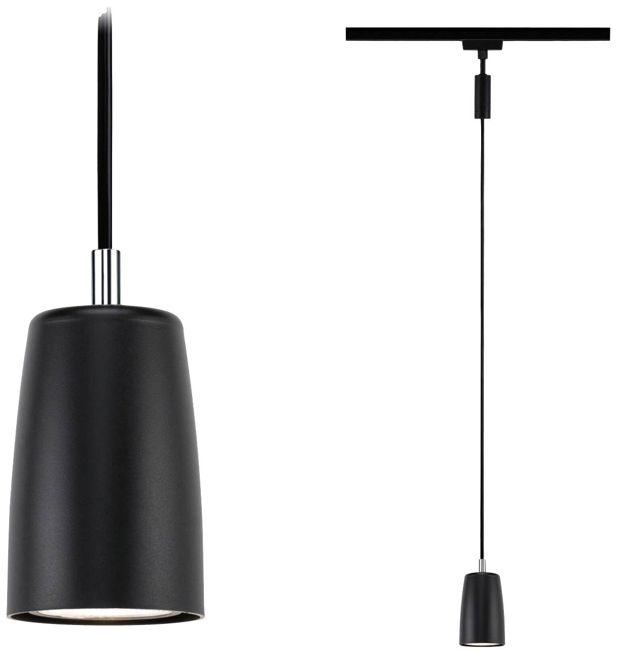 Crna viseća lampa visi sa stropa. Lijevo je detaljan prikaz sjenila, desno je kompletna lampa s kabelom.