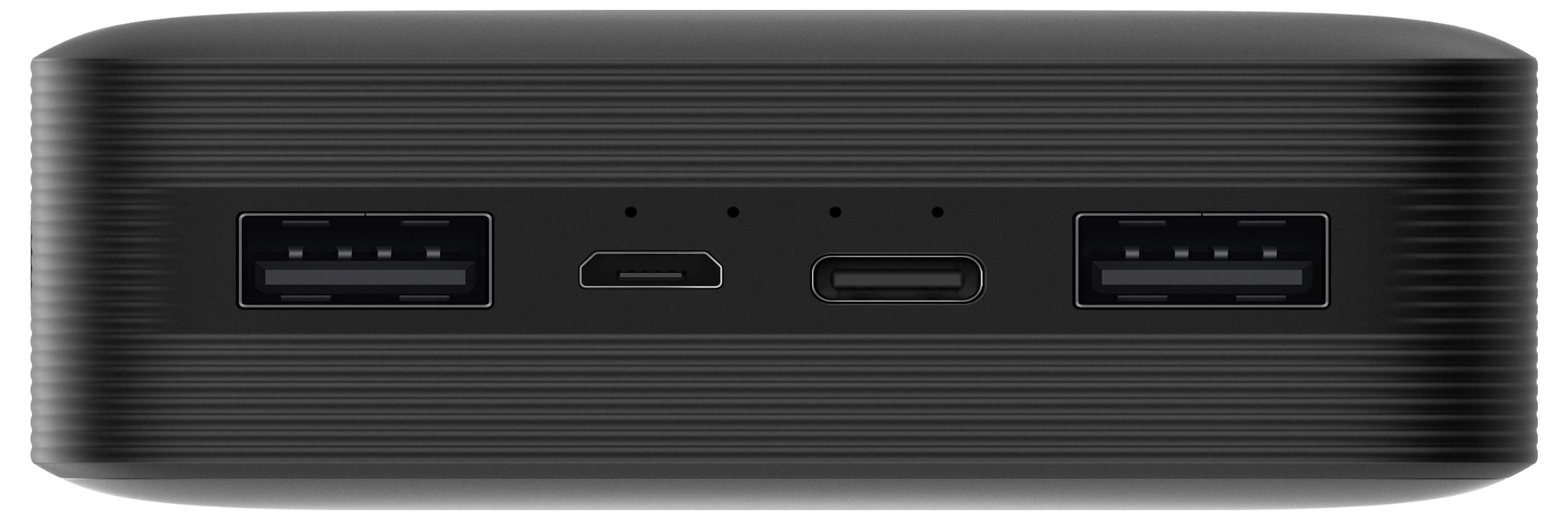 Crni elektronički uređaj s dva USB priključka i jednim USB-C priključkom u sredini, pogodan za punjenje.