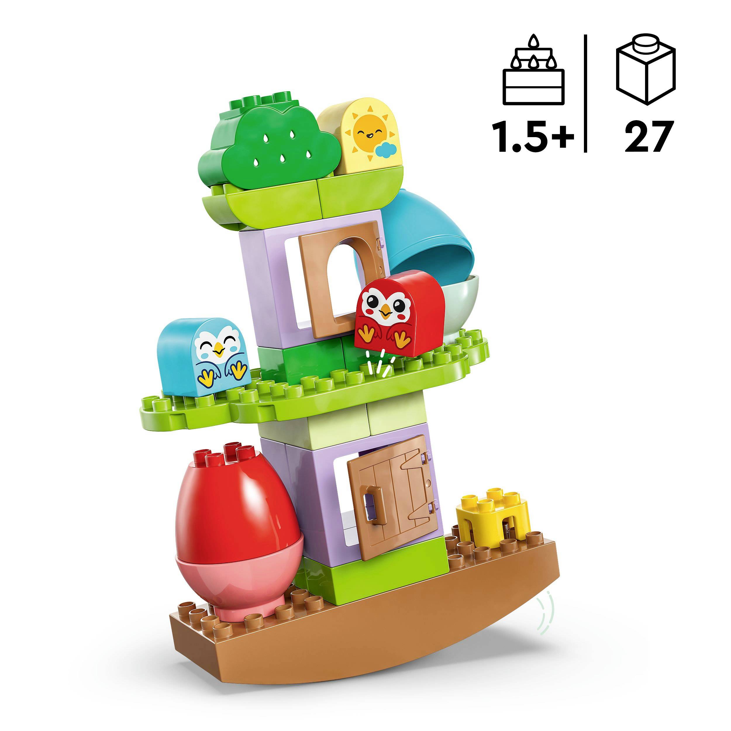 LEGO set za izgradnju za djecu od 1,5 godine, sastavljen od 27 dijelova, prikazuje slatku kućicu s figurama životinja i ljuljačkom.