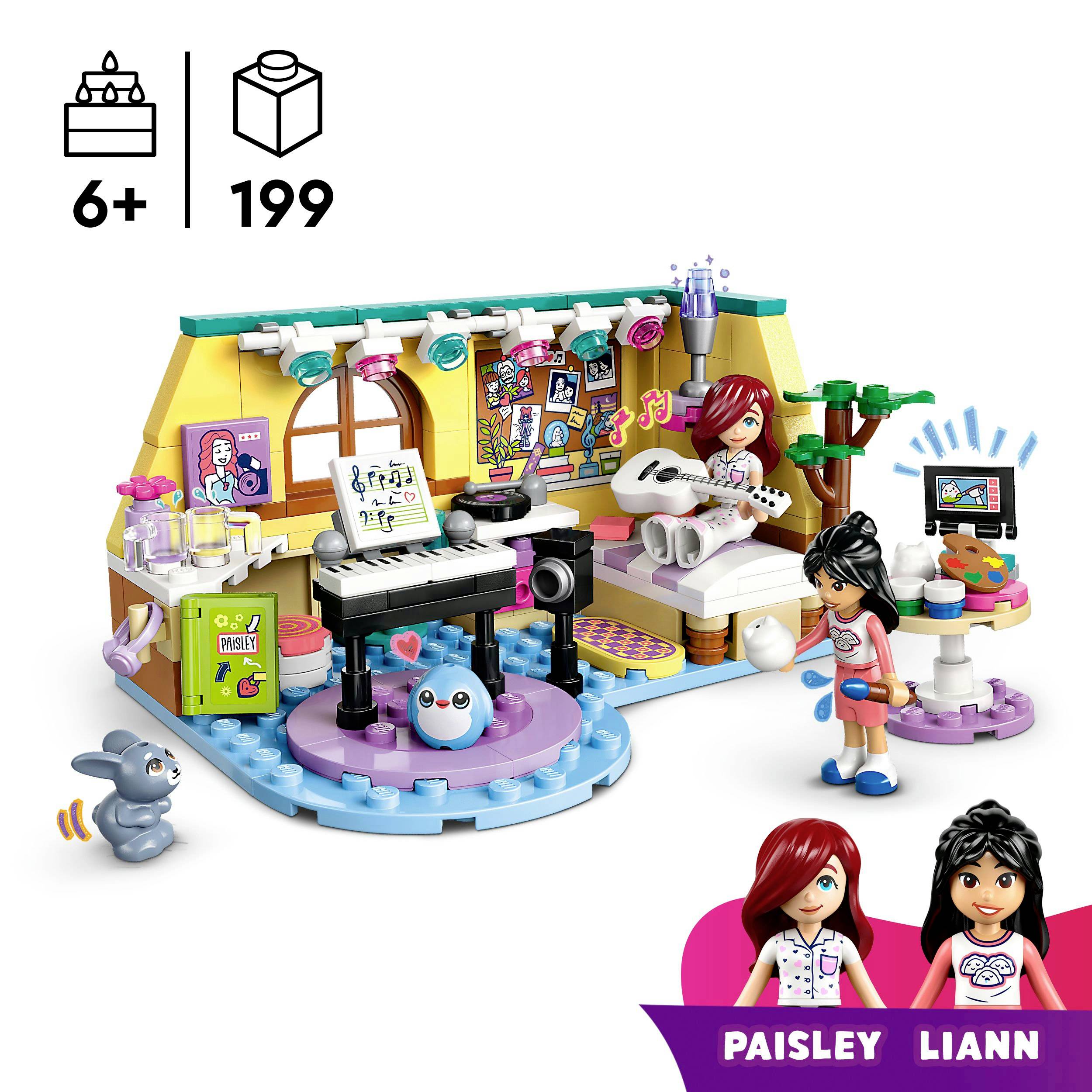 Lego set s temom glazbene sobe, uključuje figure dvije djevojčice, klavir, gitaru, prijenosno računalo i dekoracije. Za djecu od 6 godina. 199 dijelova.