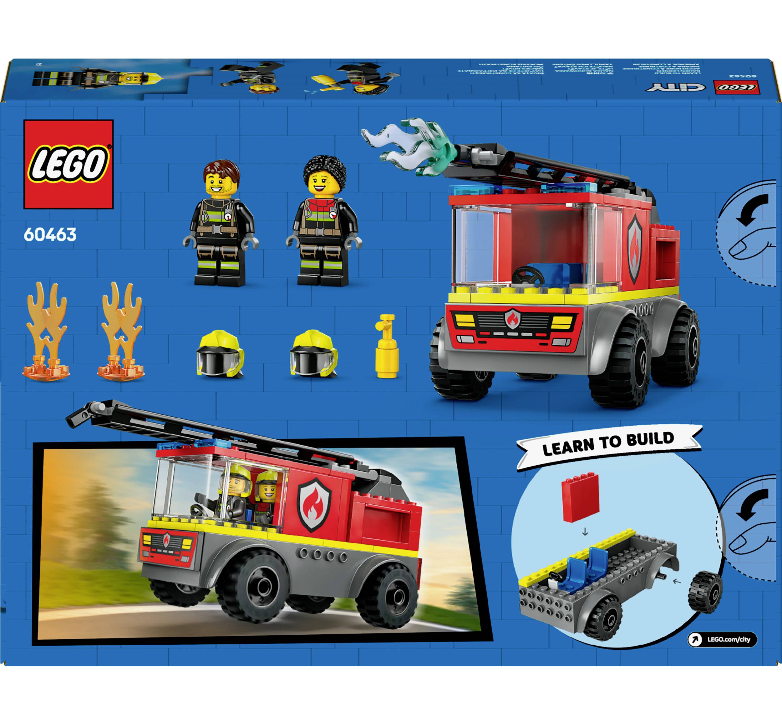 Ambalaža 'LEGO City Vatrogasni kamion set 60463'. Sadrži prikaz crvenog vatrogasnog kamiona, dvije minifigure, vatrogasnu opremu i upute za sastavljanje.