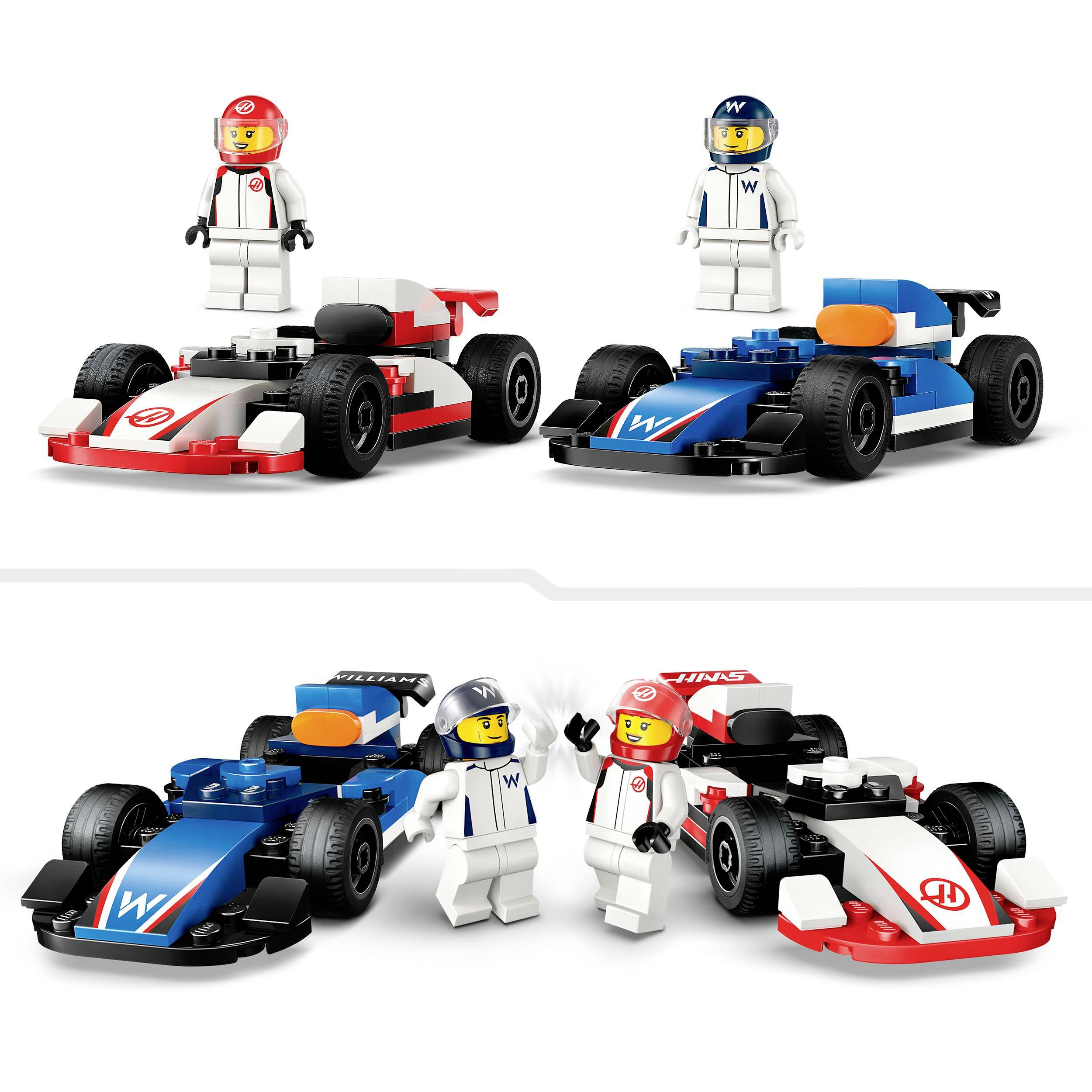Dva LEGO-automobilska trkaća vozila s vozačima u crvenom i plavom. Vozači nose odgovarajuće kacige. Vozila stoje jedno do drugog na bijeloj podlozi.