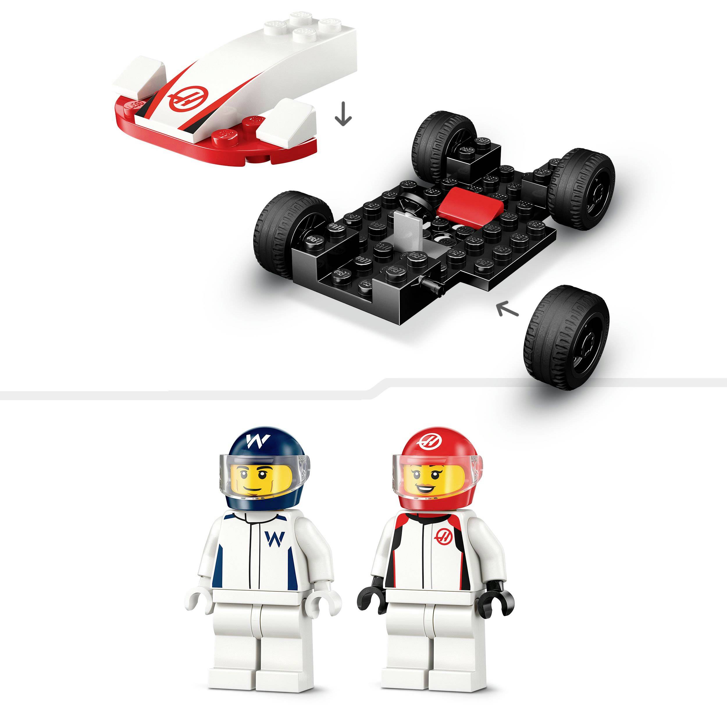 LEGO komplet za sastavljanje trkaćeg automobila s uputama. Dvije minifigure u trkačkim odijelima stoje dolje: jedna s plavom, druga s crvenom helmom.