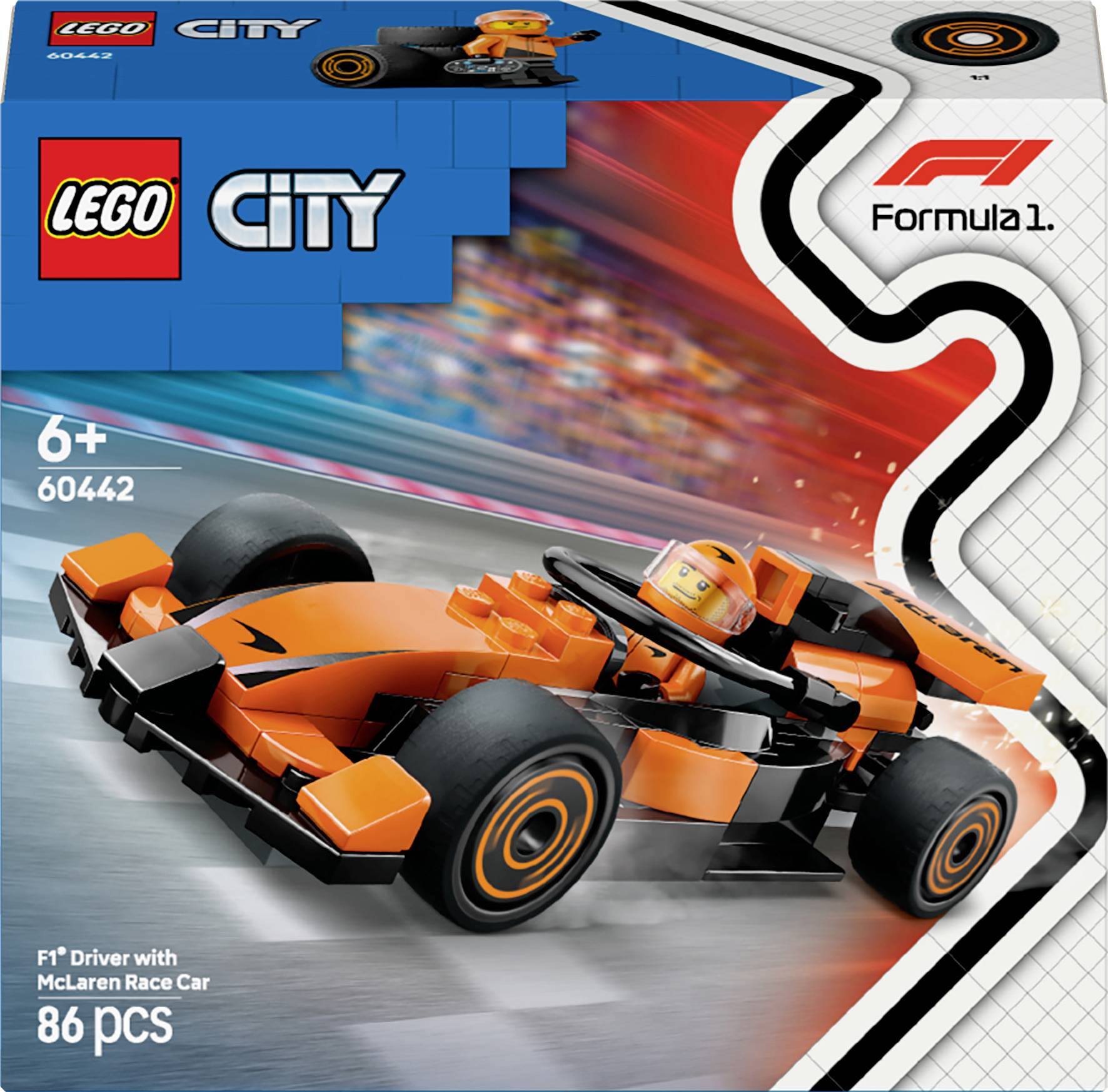 LEGO City set: McLaren sportski automobil s vozačem, od 6 godina; sadrži 86 dijelova; slika narančastog trkaćeg automobila na pakiranju.