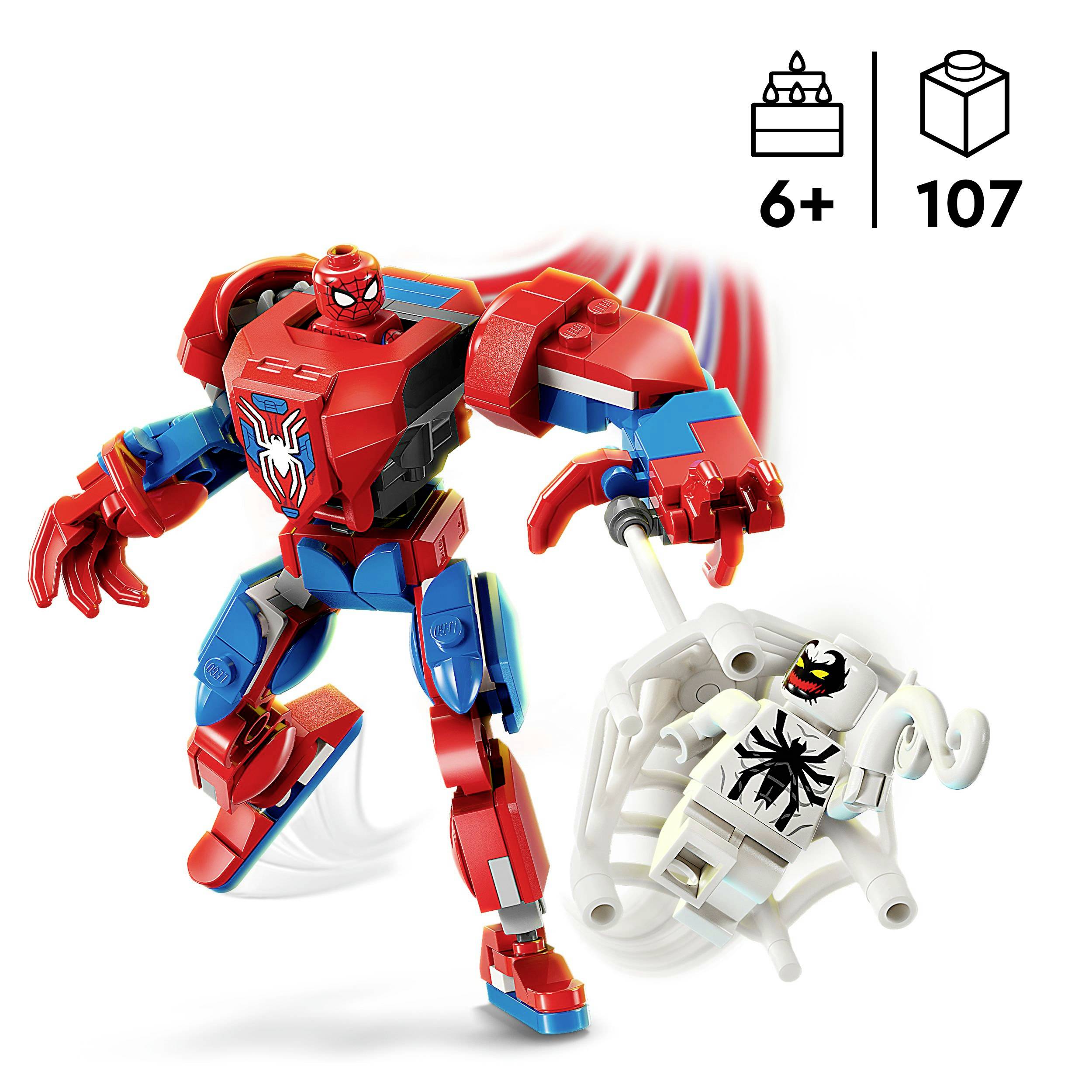 Igračka robot u obliku superheroja pruža metalnom šakom prema manjoj figurici. Za djecu od 6 godina. 107 dijelova.