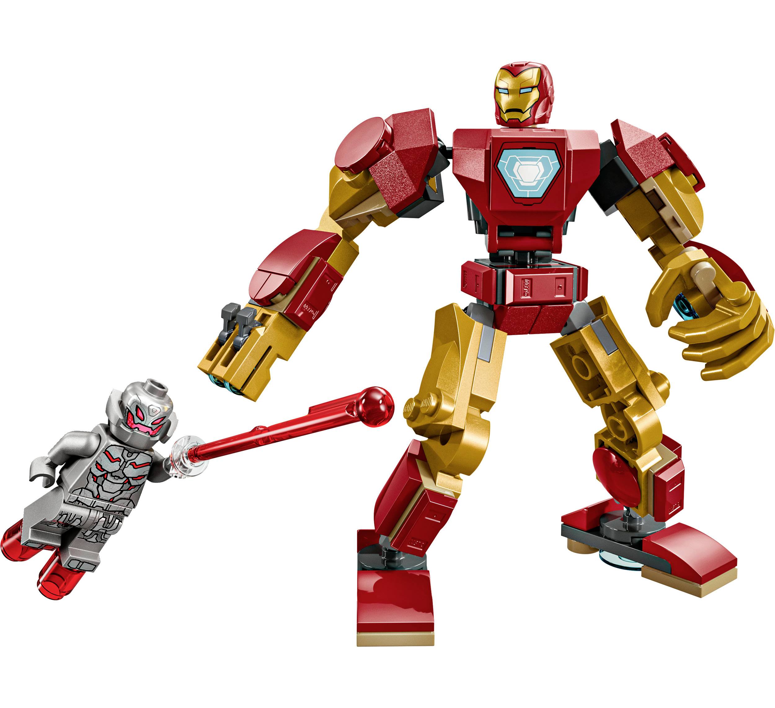 Crveni i zlatni model igračke robota bori se sa srebrnom igračkom figurom. Oba su izgrađena od Lego kockica.