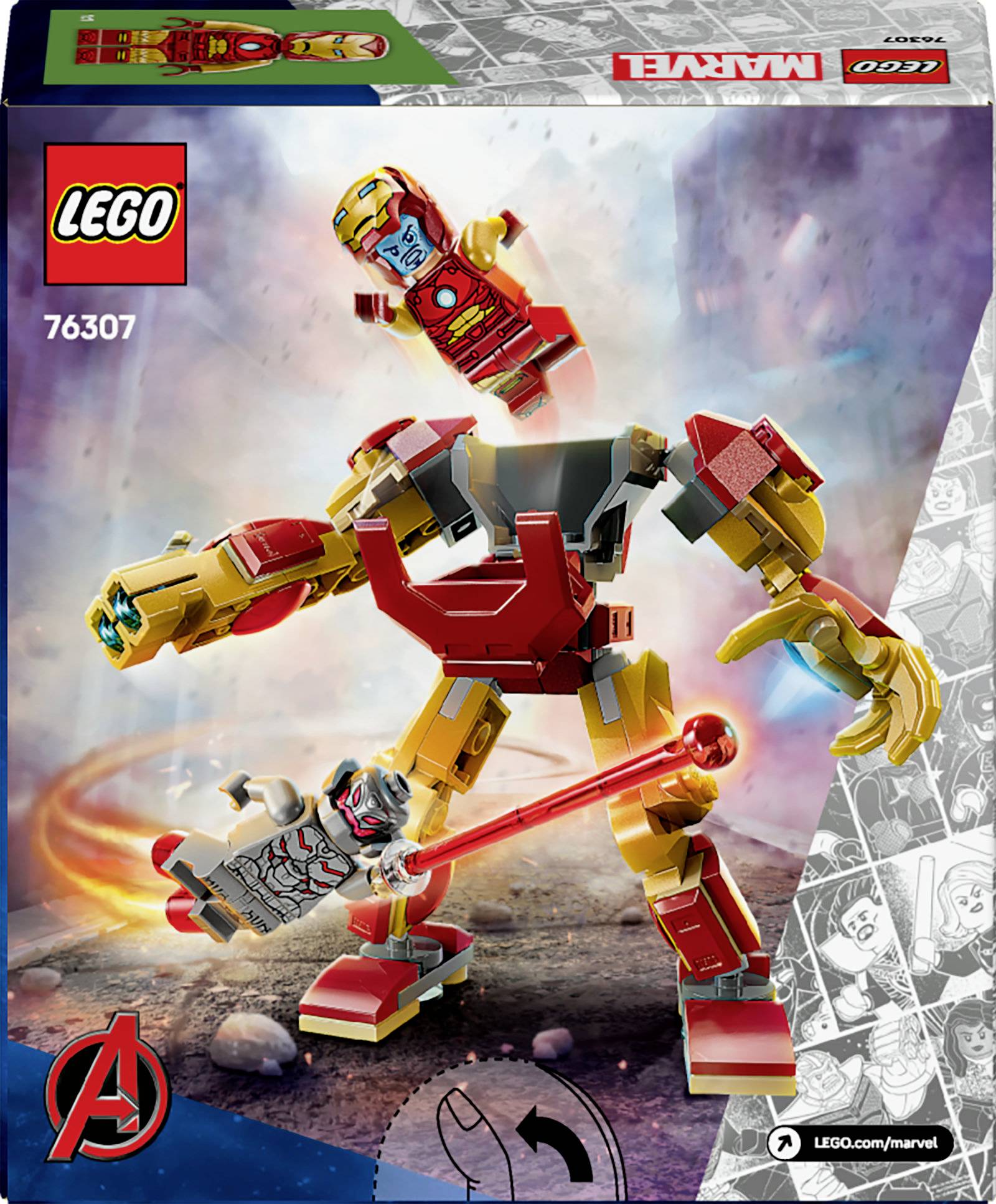 LEGO set prikazuje robota s pokretnim rukama i nogama, kojeg drži figura. U pozadini lebde dvije manje robotske figure.