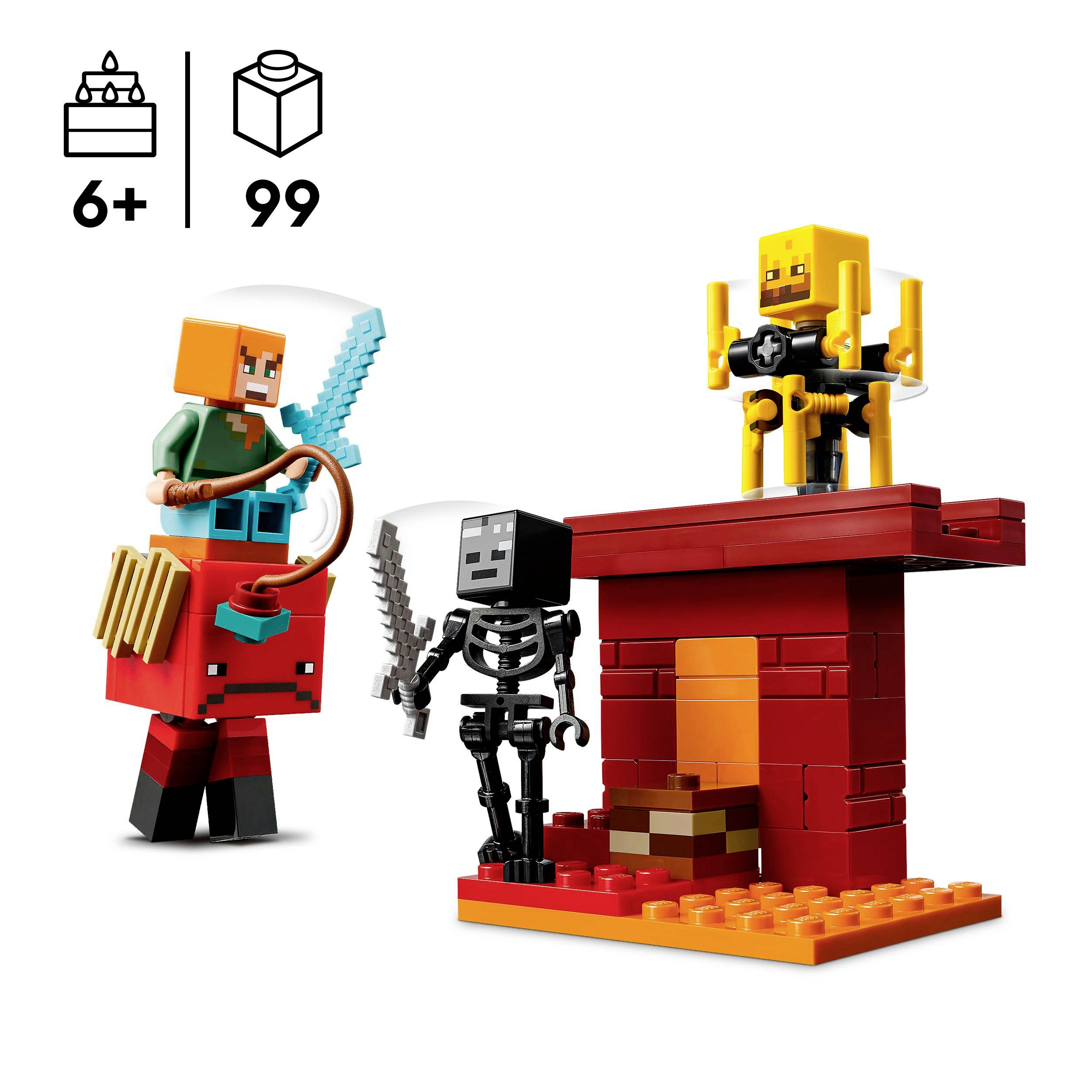 LEGO scena igre s Minecraft likom koji napada skeletnoga ratnika. U pozadini stoji žuta figura na crvenom tornju. Preporučeno za djecu od 6 godina.