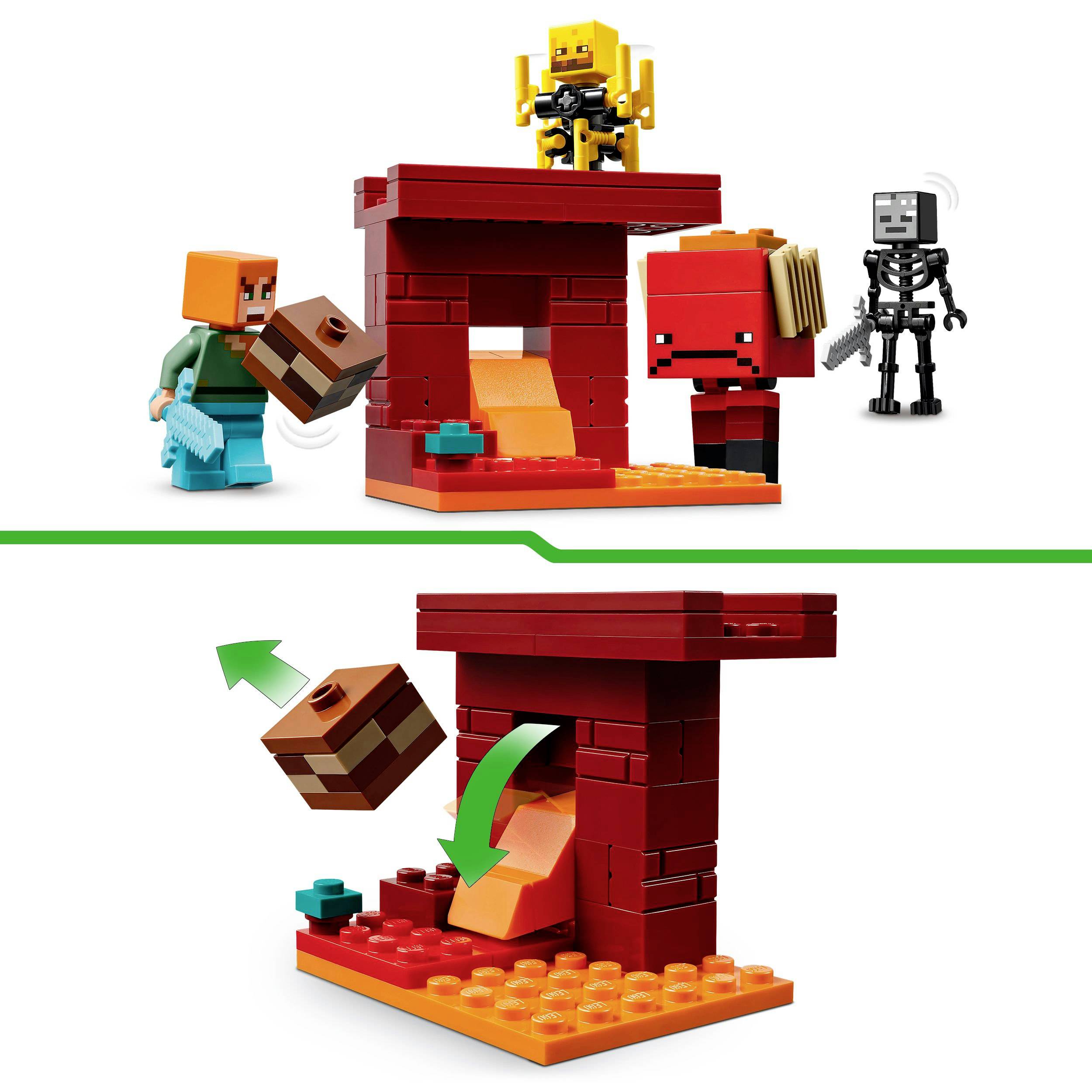 Dvije LEGO figure grade crvenu strukturu s dimjakom. Jedna LEGO figura stoji gore, druga je s blokom pokraj nje.