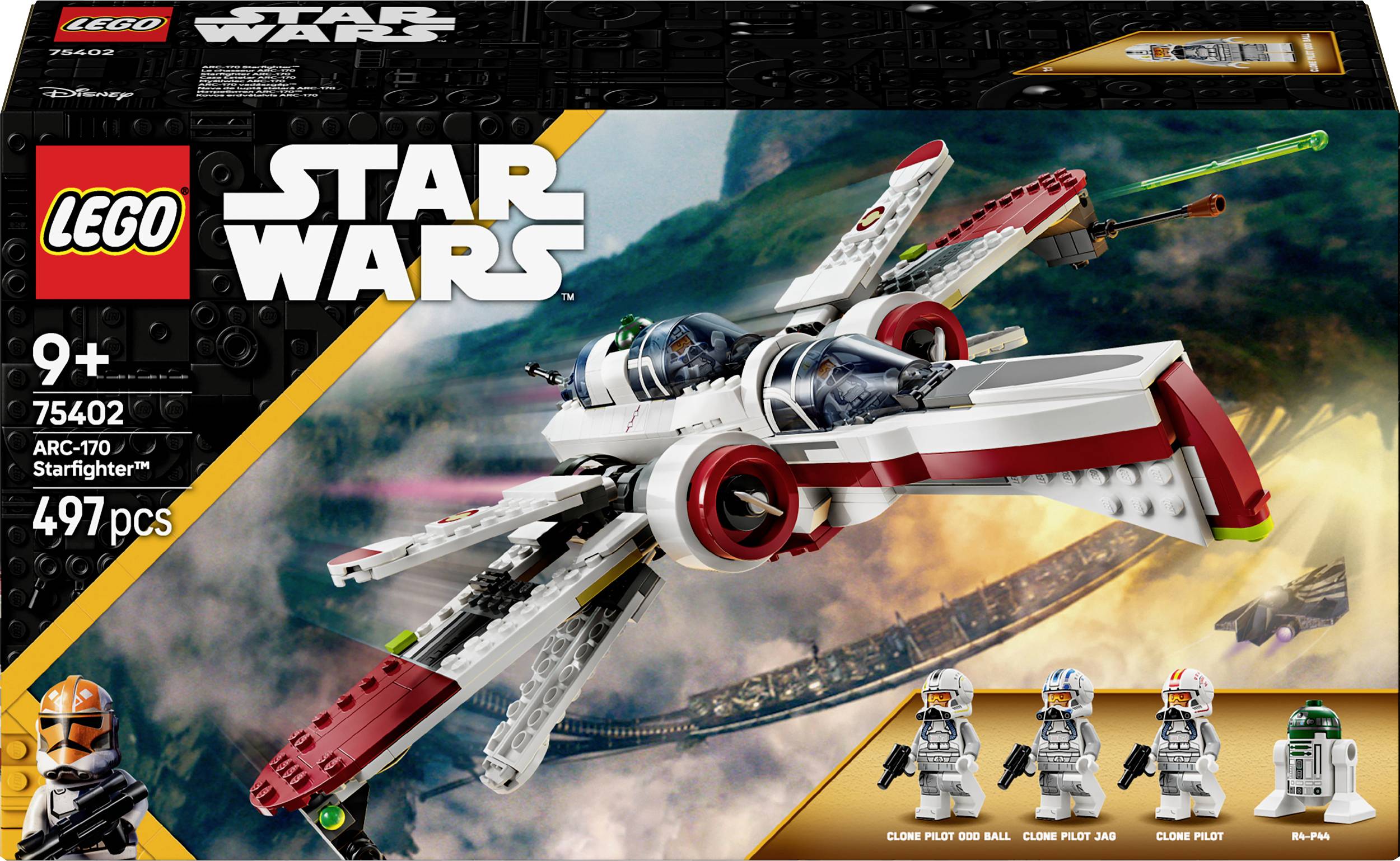Lego Star Wars komplet za sastavljanje, model 'ARC-170 Zvjezdani lovac' za djecu od 9+. Sadrži 497 dijelova i četiri figure, uključujući tri klonska pilota.
