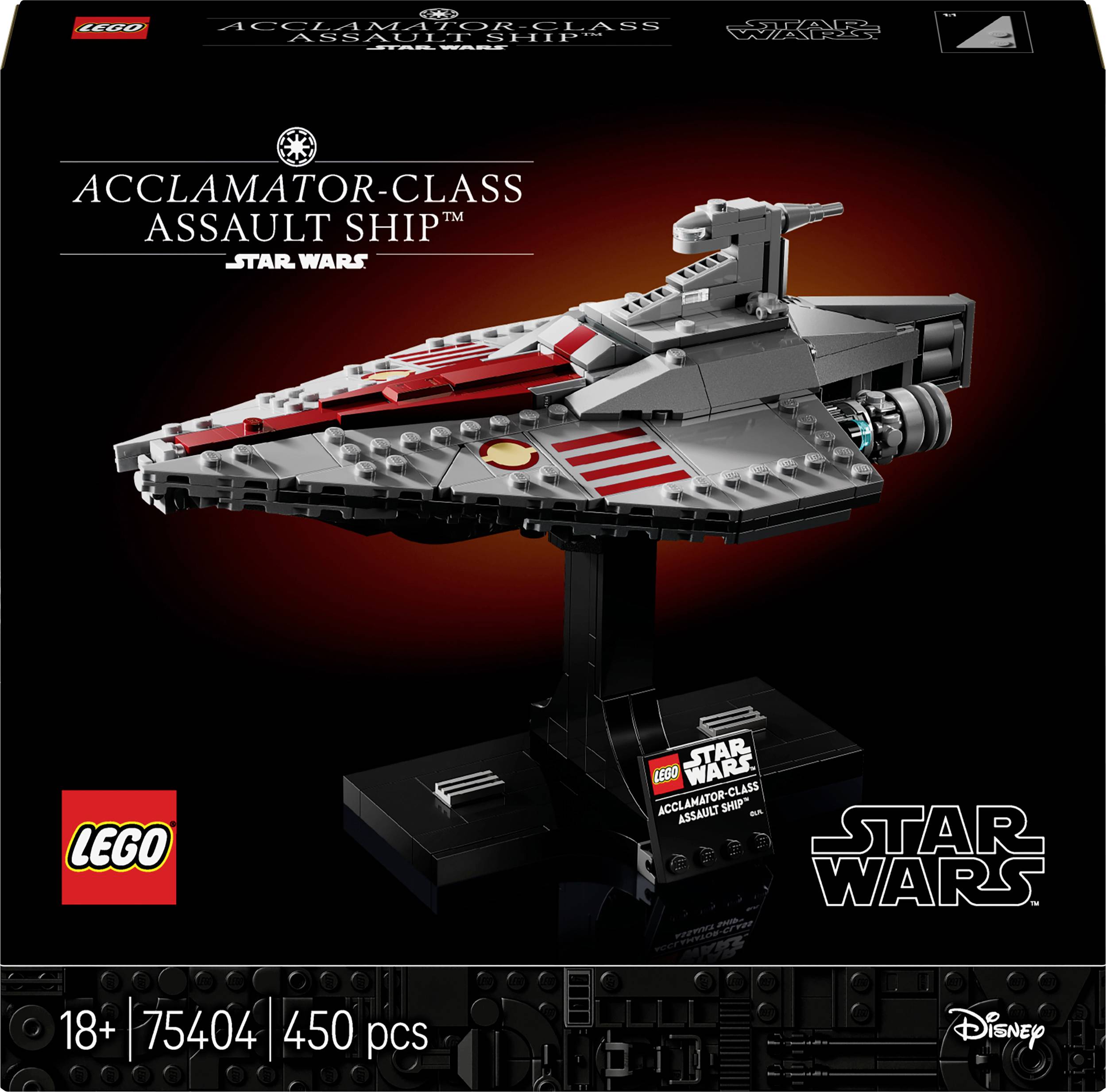 LEGO 'Aklamator-razredni jurišni brod' iz Star Wars serije, 18+, broj seta 75404, 450 dijelova. Model na crnom postolju.