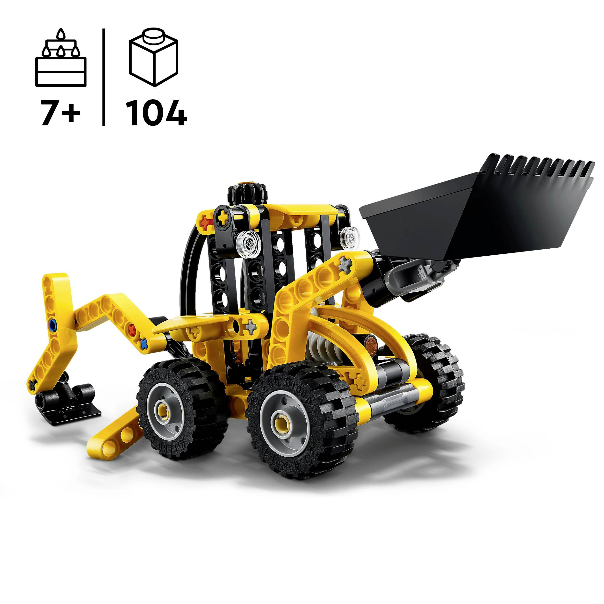 Žuti Lego prednji utovarivač s pokretnom žlicom, pogodan za djecu od 7 godina. Sadrži 104 dijela.