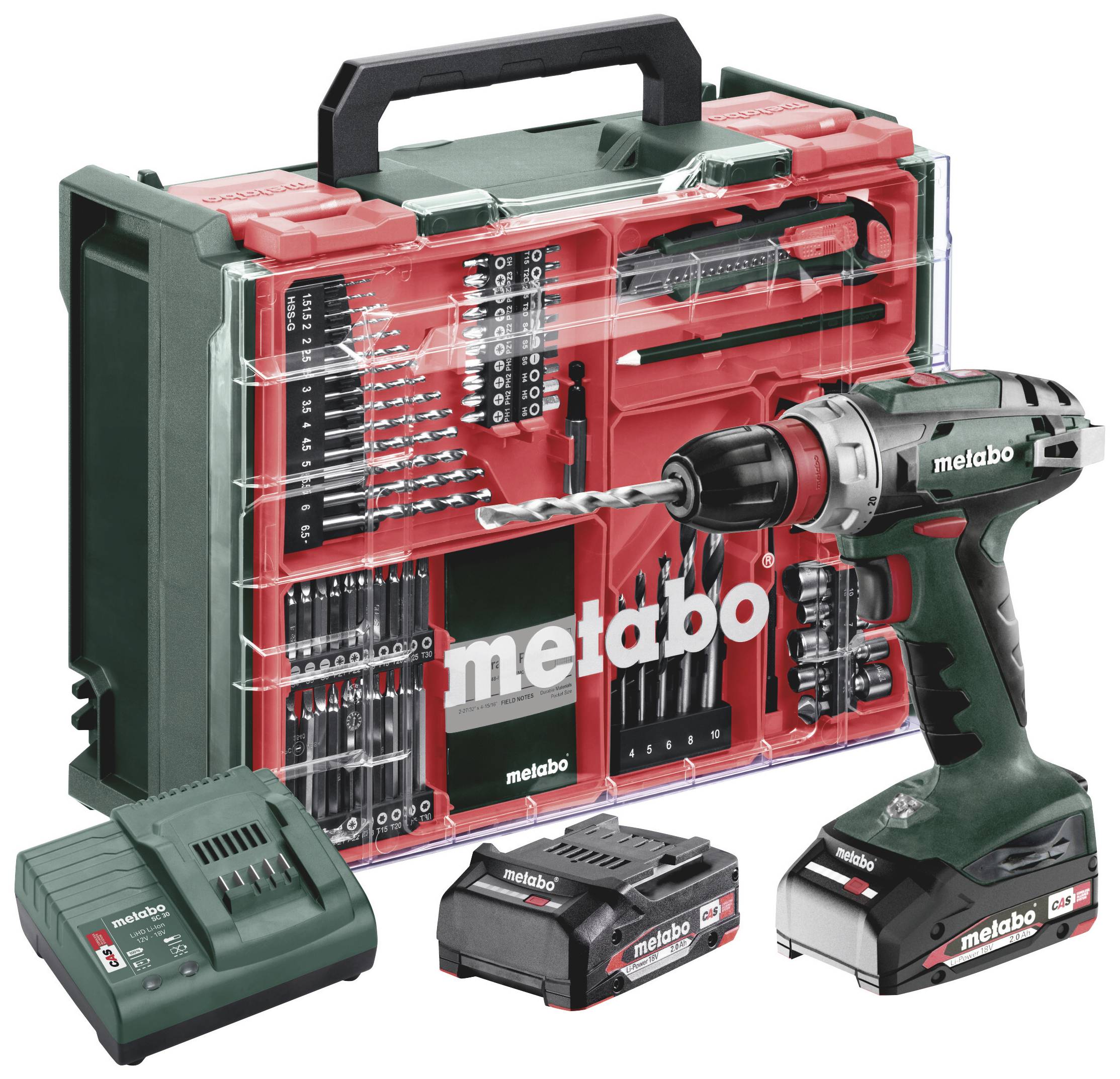 Metabo BS 18 Quick Set 602217710 Borrskruvdragare batteri 18 V 2 Ah Li-Ion borstfri, inkl. 2x batterier, inkl. v&auml;ska, inkl. laddare, inkl. Tillbeh&ouml;r
