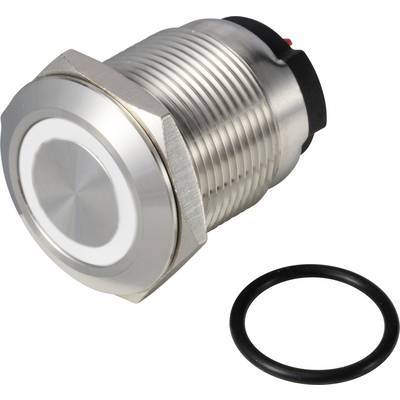Kromirani pritisni gumb s LED prstenom i crnim gumenim brtvenim prstenom, pogodan za strojeve i industrijske primjene.