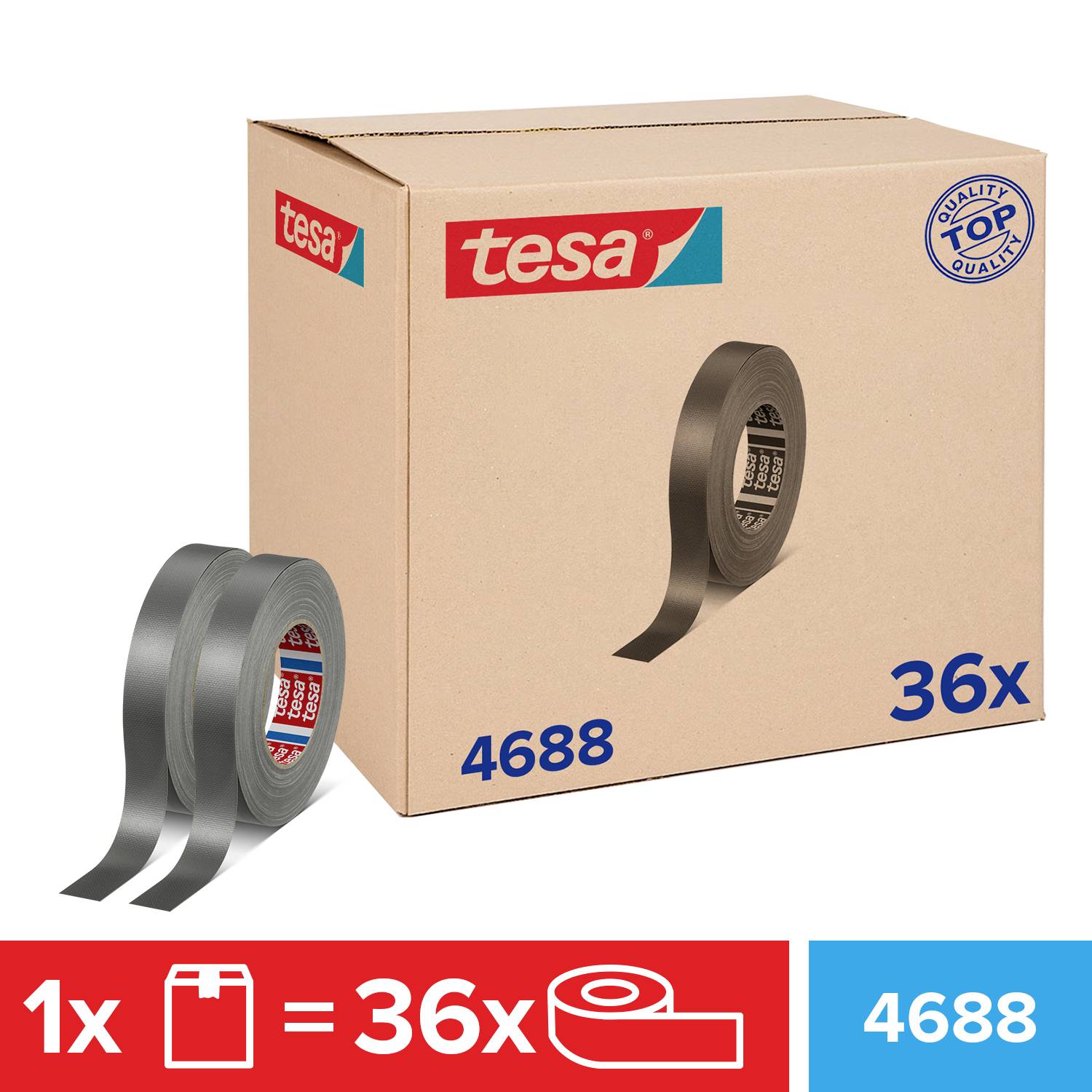 Karton s 36 rolama sive ljepljive trake marke 'tesa', model 4688. Jedna traka je prikazana. Tekst: '1x 36x 4688'.