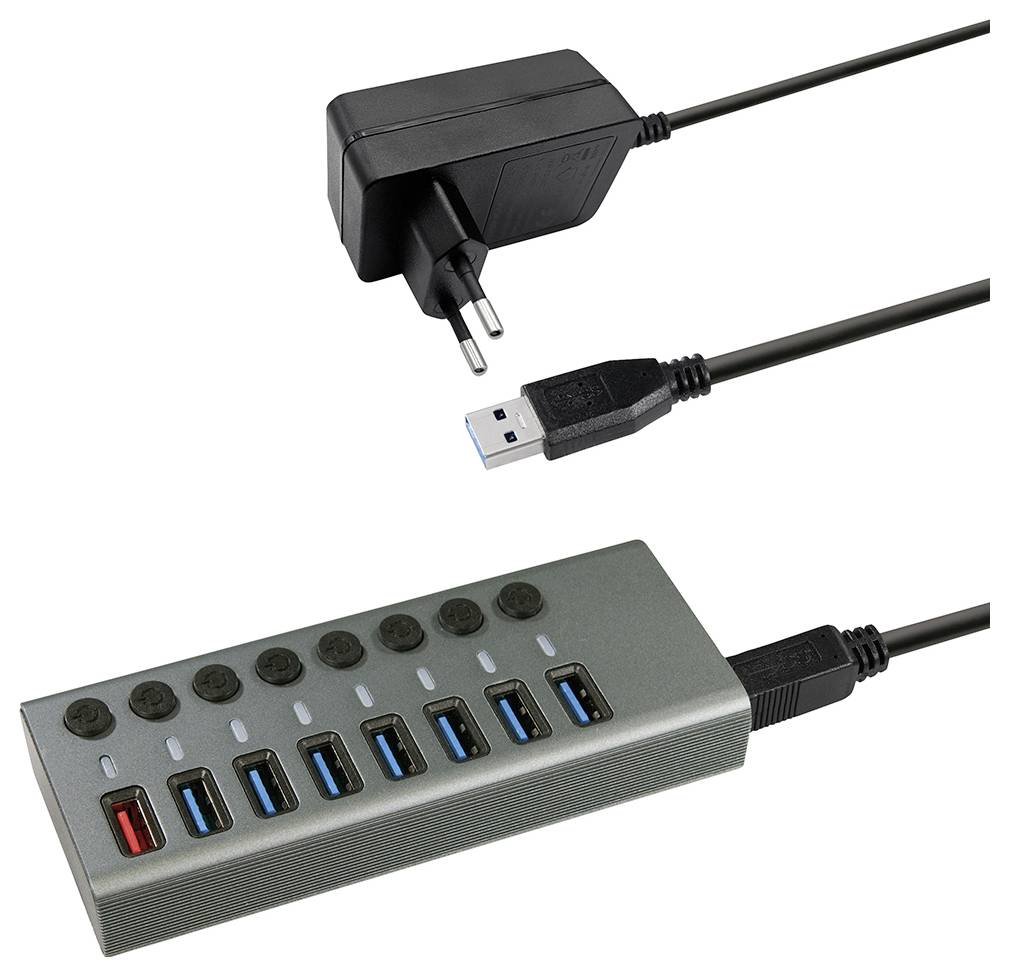 USB hub sa sedam priključaka, pet crno označenih, dva plavo označena, spojen mrežnim kabelom i USB kabelom za napajanje i prijenos podataka.