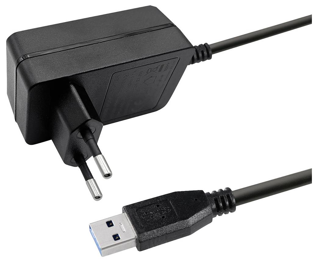 Crni mrežni adapter s europskim utičem, povezan USB kabelom. Pogodan za punjenje uređaja.