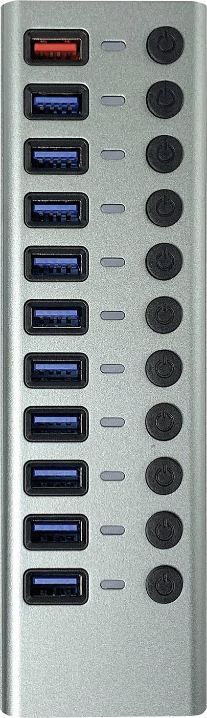 Srebrna USB razvodnica s deset USB priključaka, od kojih su sedam plavih, tri crvene, desno pokraj nje deset okruglih, crnih tipki za uključivanje/isključivanje.