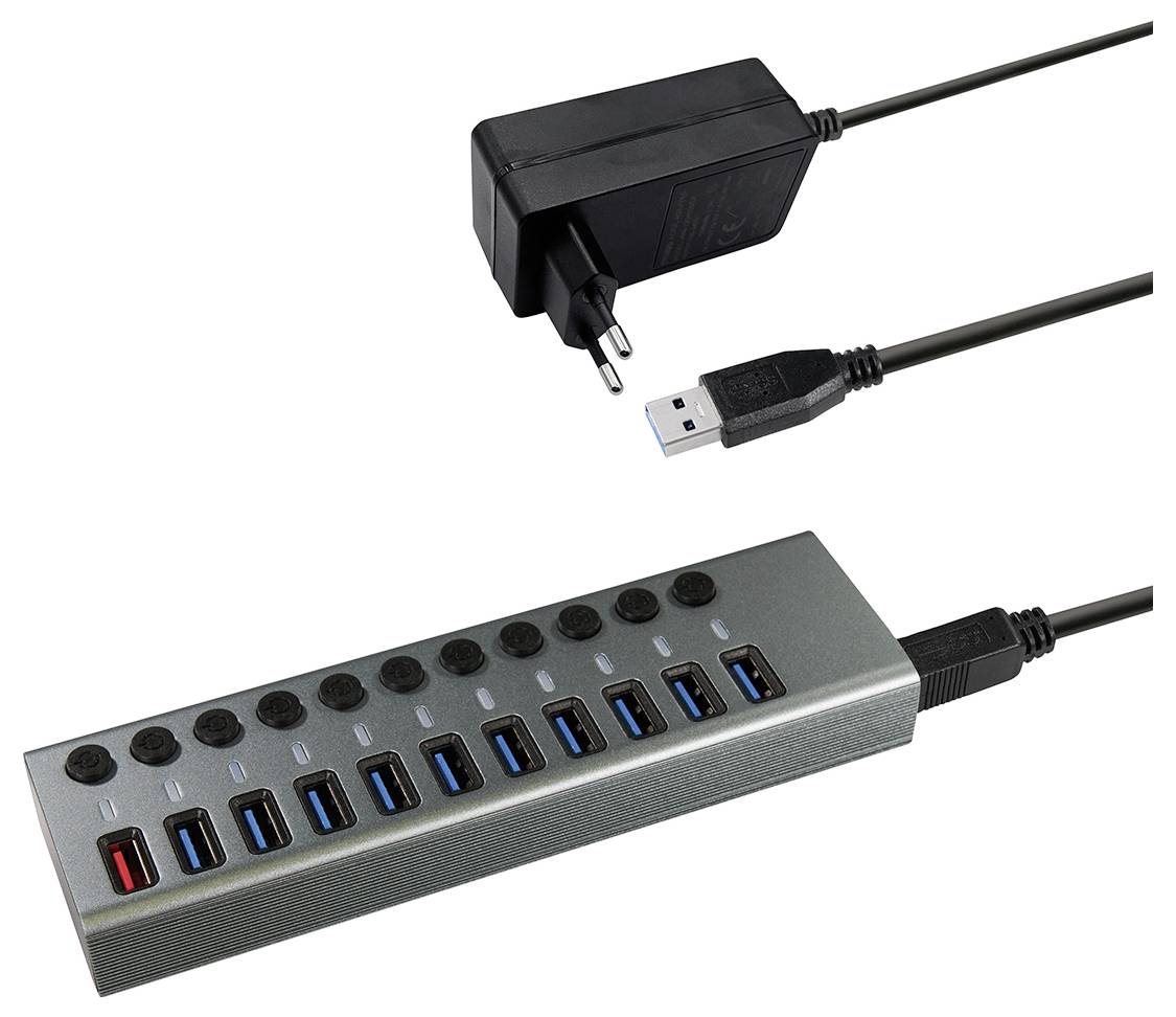 USB hub s deset priključaka, od čega devet plavih, jedan crveni. Uključuje mrežni kabel i USB kabel.