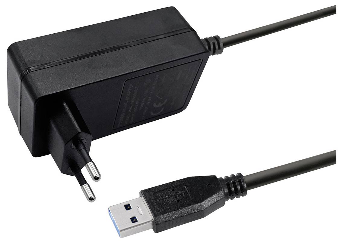 Crni mrežni adapter s EU utikačem i USB priključnim kabelom. Pogodan za elektroničke uređaje poput laptopa ili pametnih telefona.