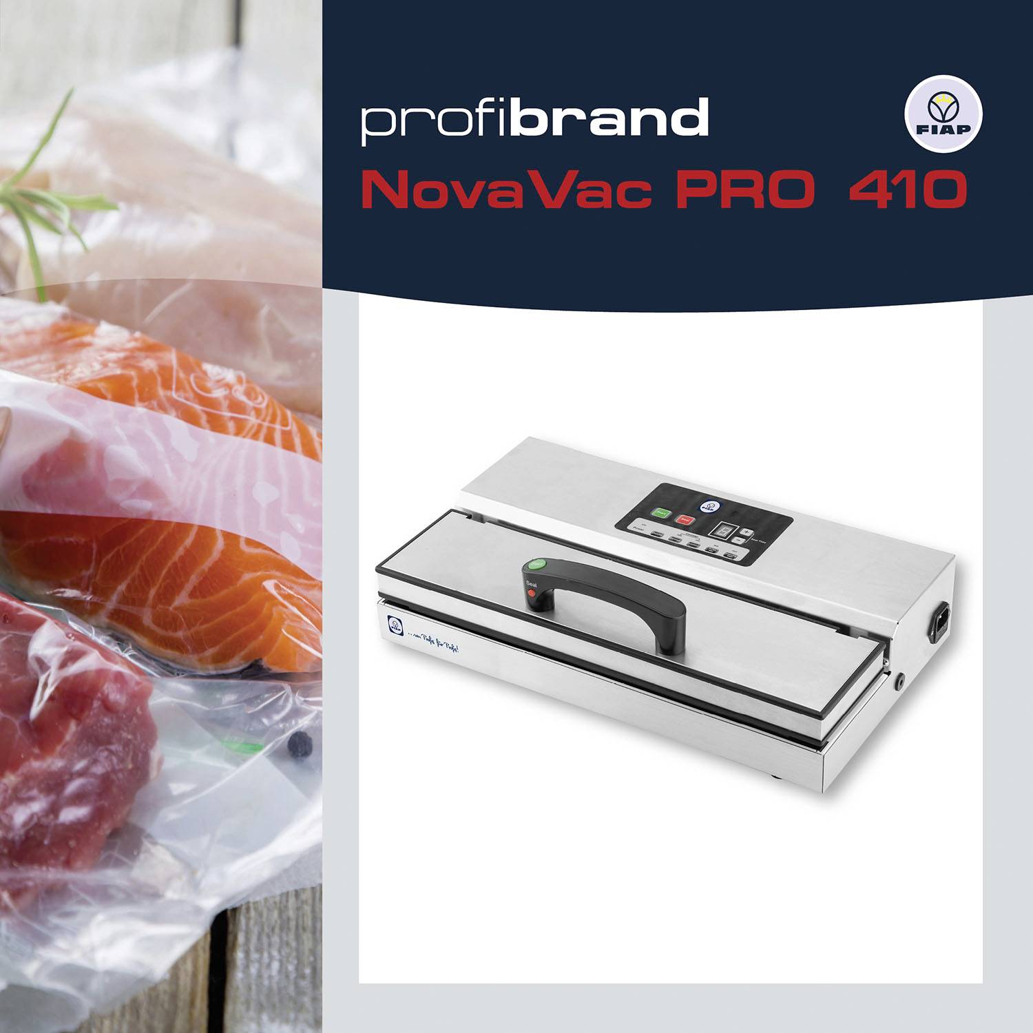 Vakuumski uređaj NovaVac PRO 410 od 'profibrand' pored vakumiranih komada lososa i mesa na drvenom stolu.