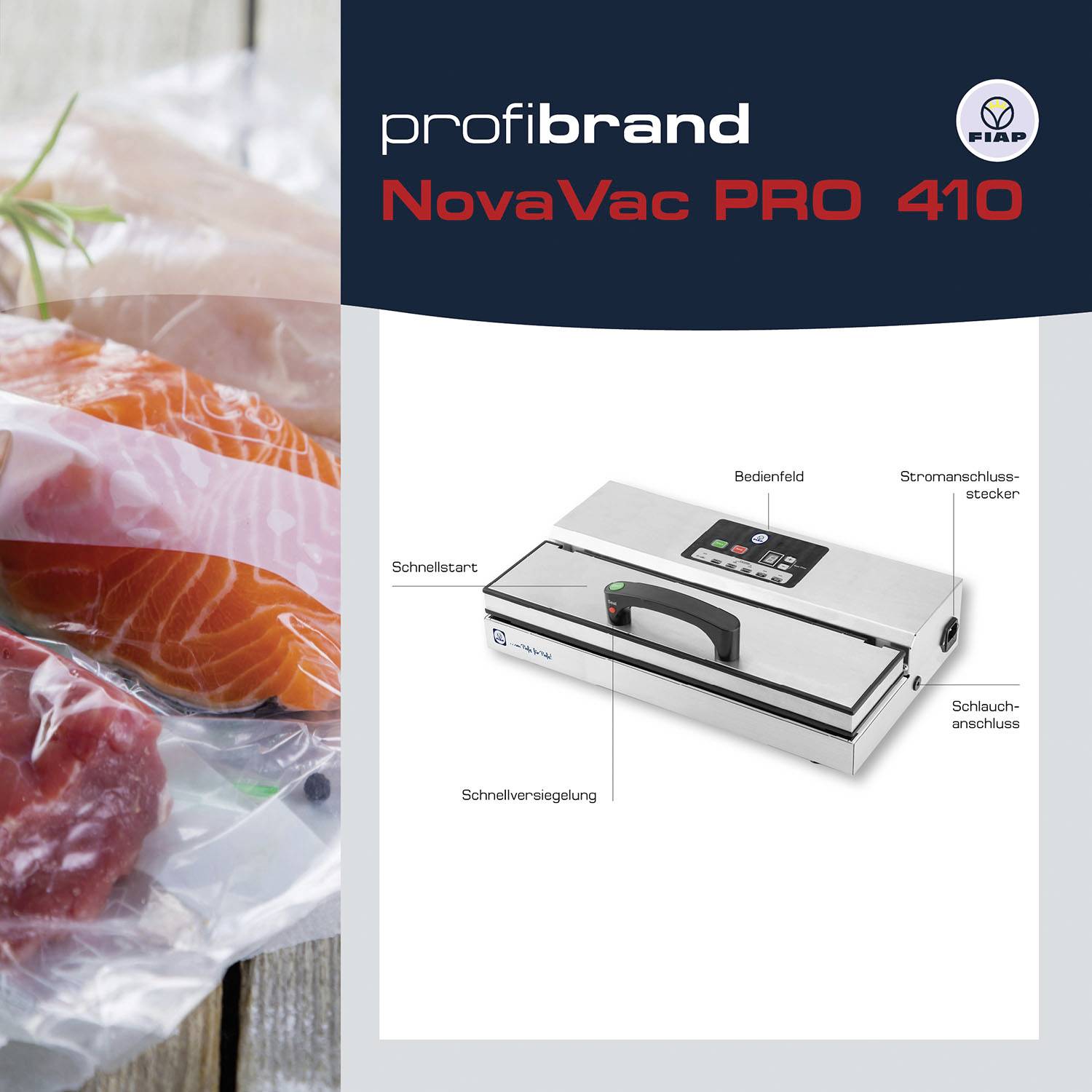 Uređaj za vakumiranje NovaVac PRO 410 pored vakumski pakirane lososa. Oznake prikazuju upravljačku ploču i mogućnosti priključivanja.