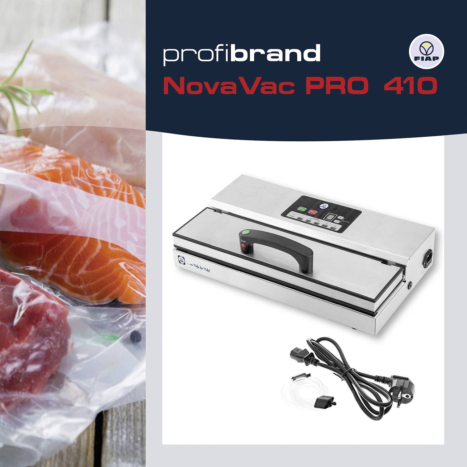 'NovaVac PRO 410' uređaj za vakumiranje. Lijevo:Fileji lososa u vakuum pakiranju na drvnoj podlozi. Desno: Prikaz uređaja s kabelom.