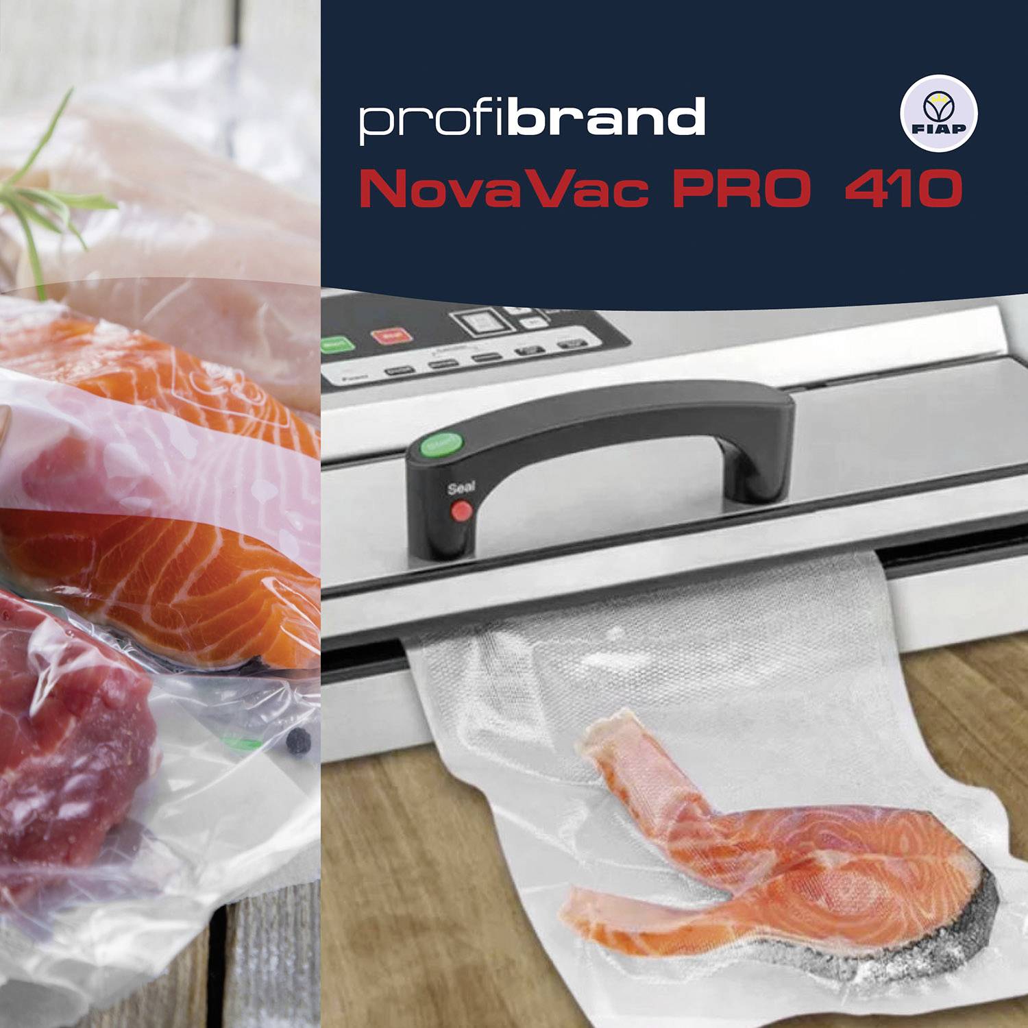 Uređaj za vakuumsko pakiranje NovaVac PRO 410 kompanije profibrand prikazuje vakuumski pakirane komade lososa i mesa radi očuvanja svježine.
