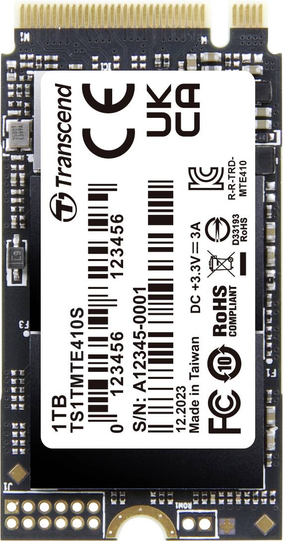 M.2 SSD kapaciteta 1 TB tvrtke Transcend, model TS1TMTE440S. Prikazuje informacije o proizvođaču i certifikate sukladnosti.