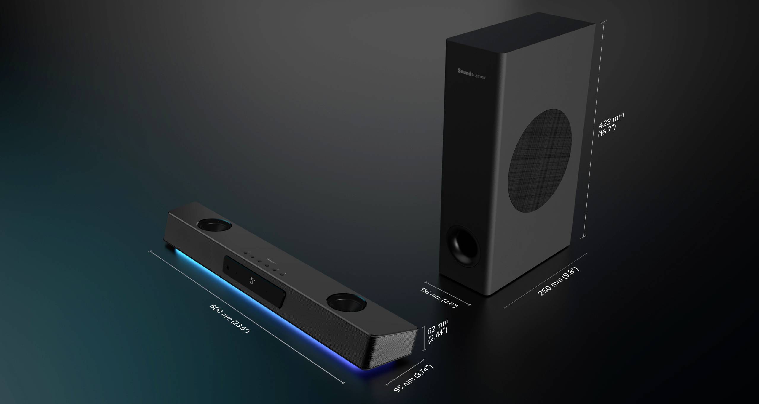 Soundbar i subwoofer s tehničkim podacima: Soundbar dugačak 1000 mm, dubok 120 mm, subwoofer visok 420 mm, širok 233 mm, dubok 400 mm.
