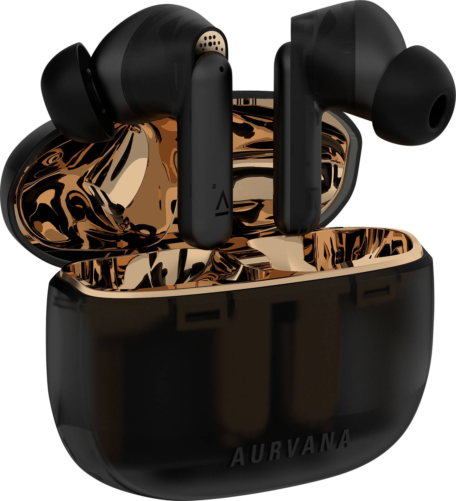 Crni bežični in-ear slušalice u otvorenoj kutiji za punjenje sa unutrašnjom stranom u bronzanoj boji. Marka 'Aurvana'.