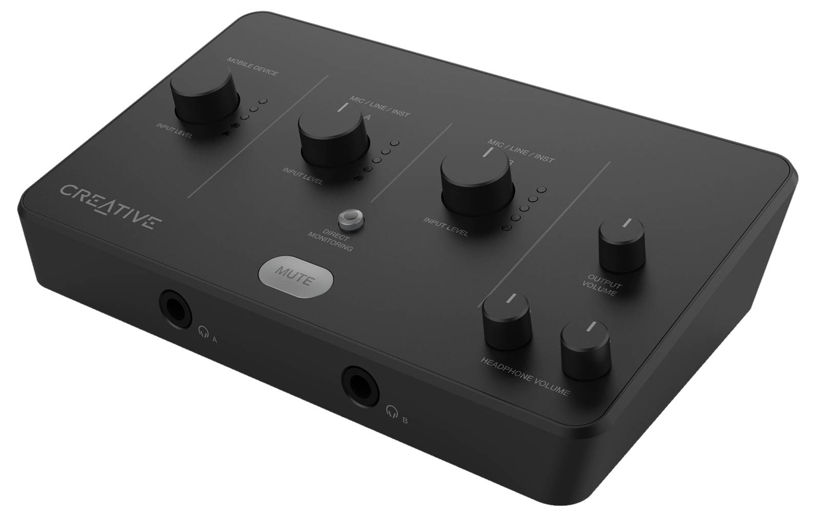 Audio mikser s više regulatora i tipkom za prigušivanje na crnom kućištu. Naziv marke na lijevoj strani.