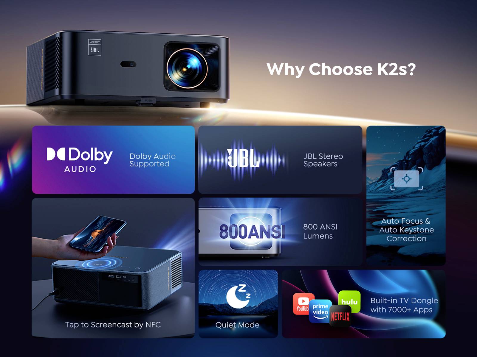 Crni projektor gore lijevo, tekst 'Zašto odabrati K2s?'. Dolje desno značajke: Dolby Audio, JBL zvučnici, 800 ANSI lumena, auto-keystone, NFC, tihi način rada, integrirani dongle s aplikacijama.