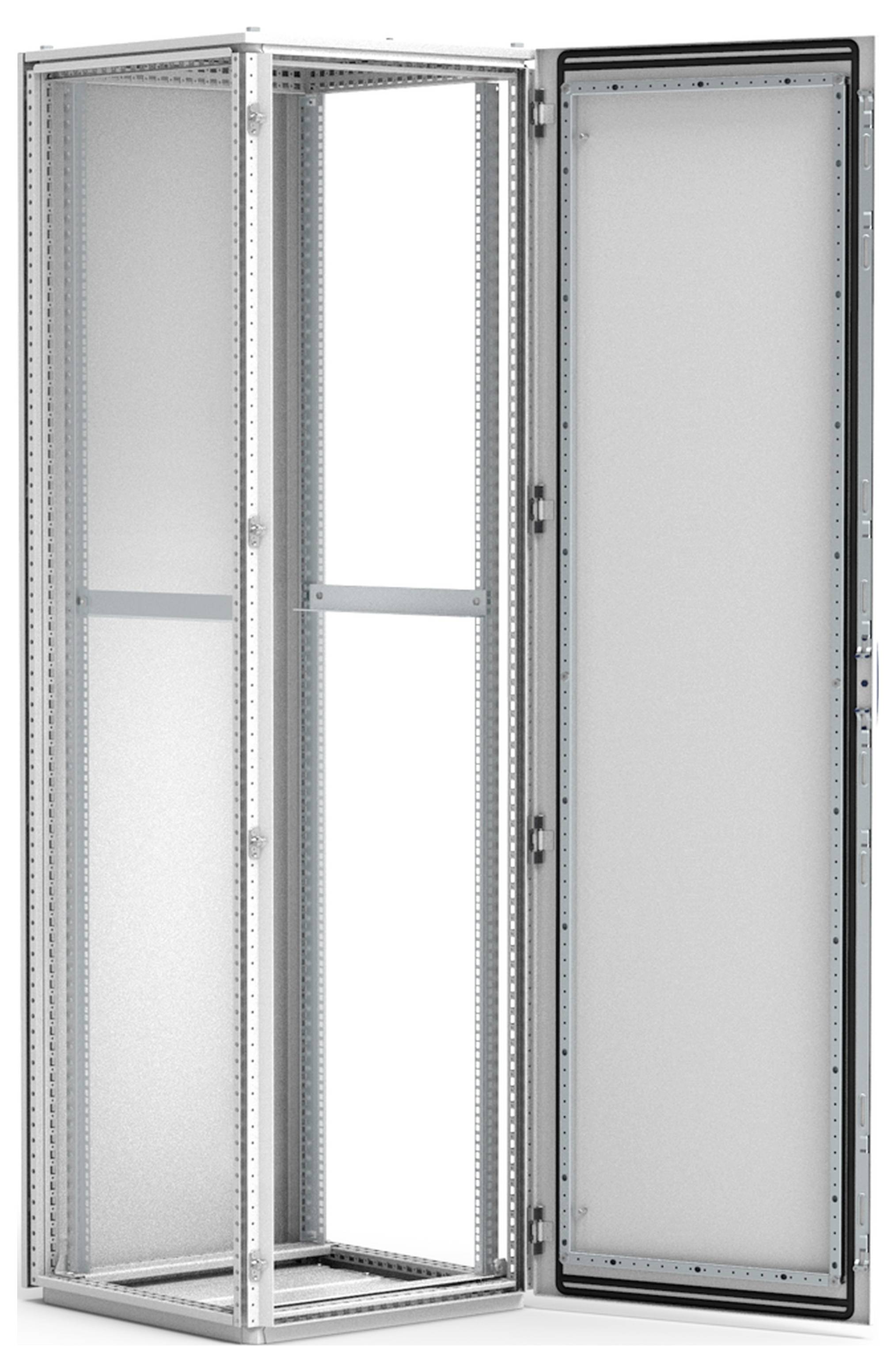 Otvoreni, prazan ormar za server-rack izrađen od metala sa staklenim vratima, idealan za ugradnju server i mrežnih uređaja u IT okruženjima.