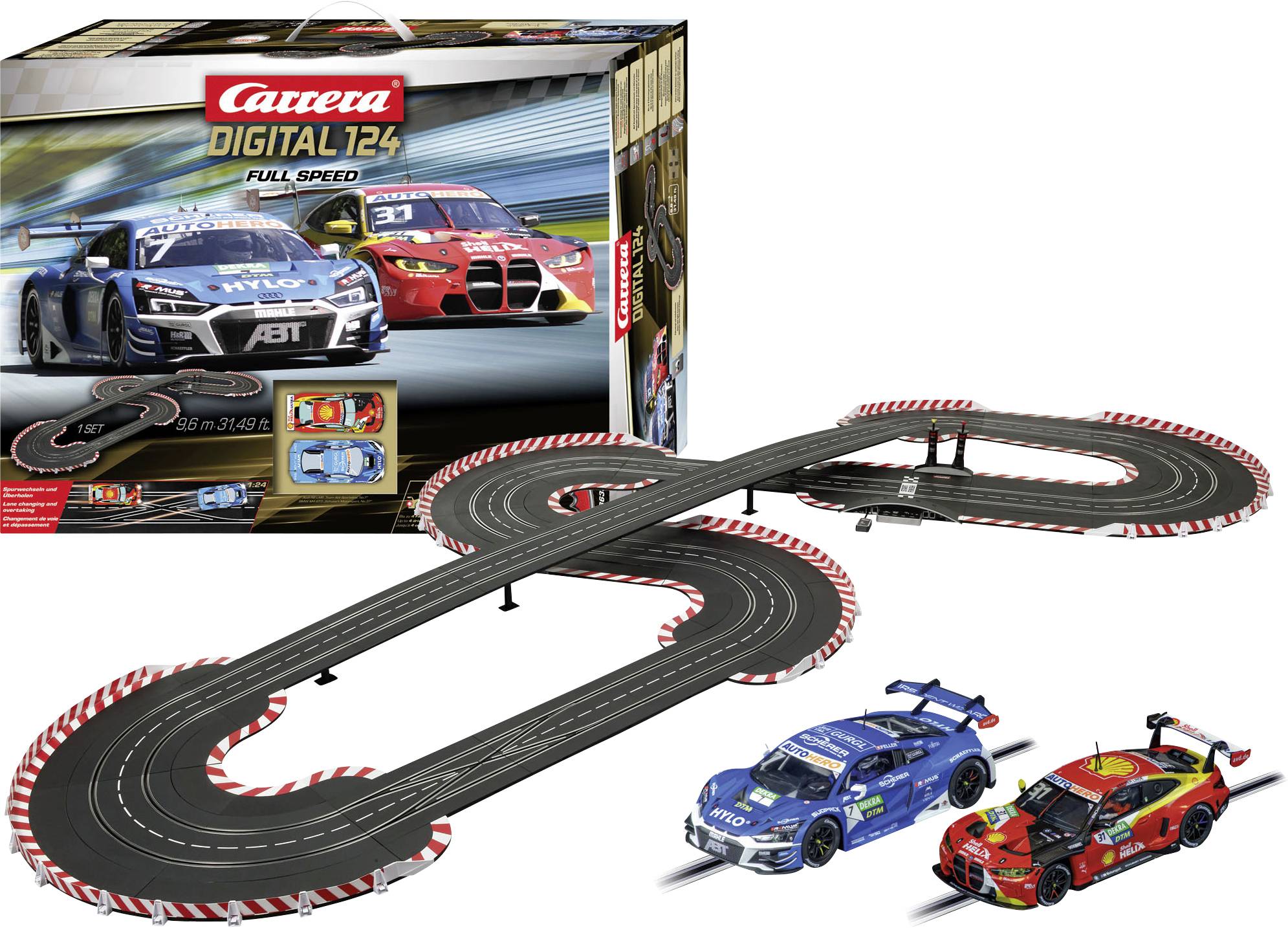 Digitalni set staza za utrke 'Carrera 124' s dva obojana trkaća automobila na vijugavoj stazi, paket u pozadini.