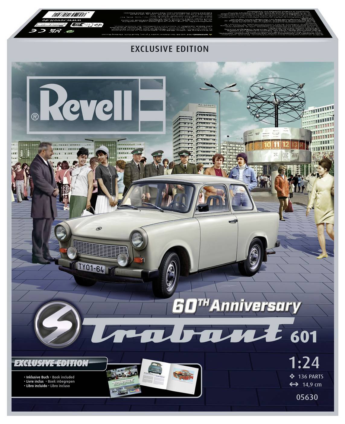 Ambalaža prikazuje modelni automobil Trabant 601 ispred gradske pozadine povodom 60. godišnjice. U pozadini ljudi i zgrade.