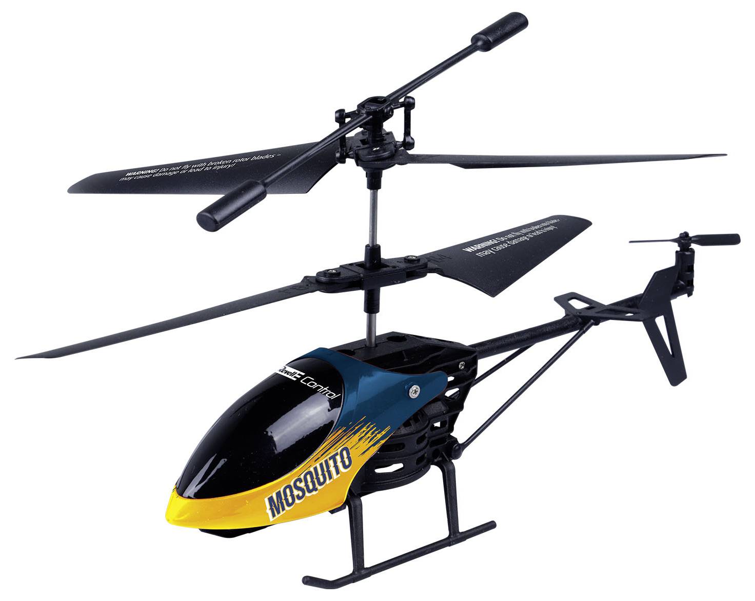 Modelni helikopter s natpisom 'Mosquito' u crnoj i žutoj boji, ističe se pred bijelom pozadinom.