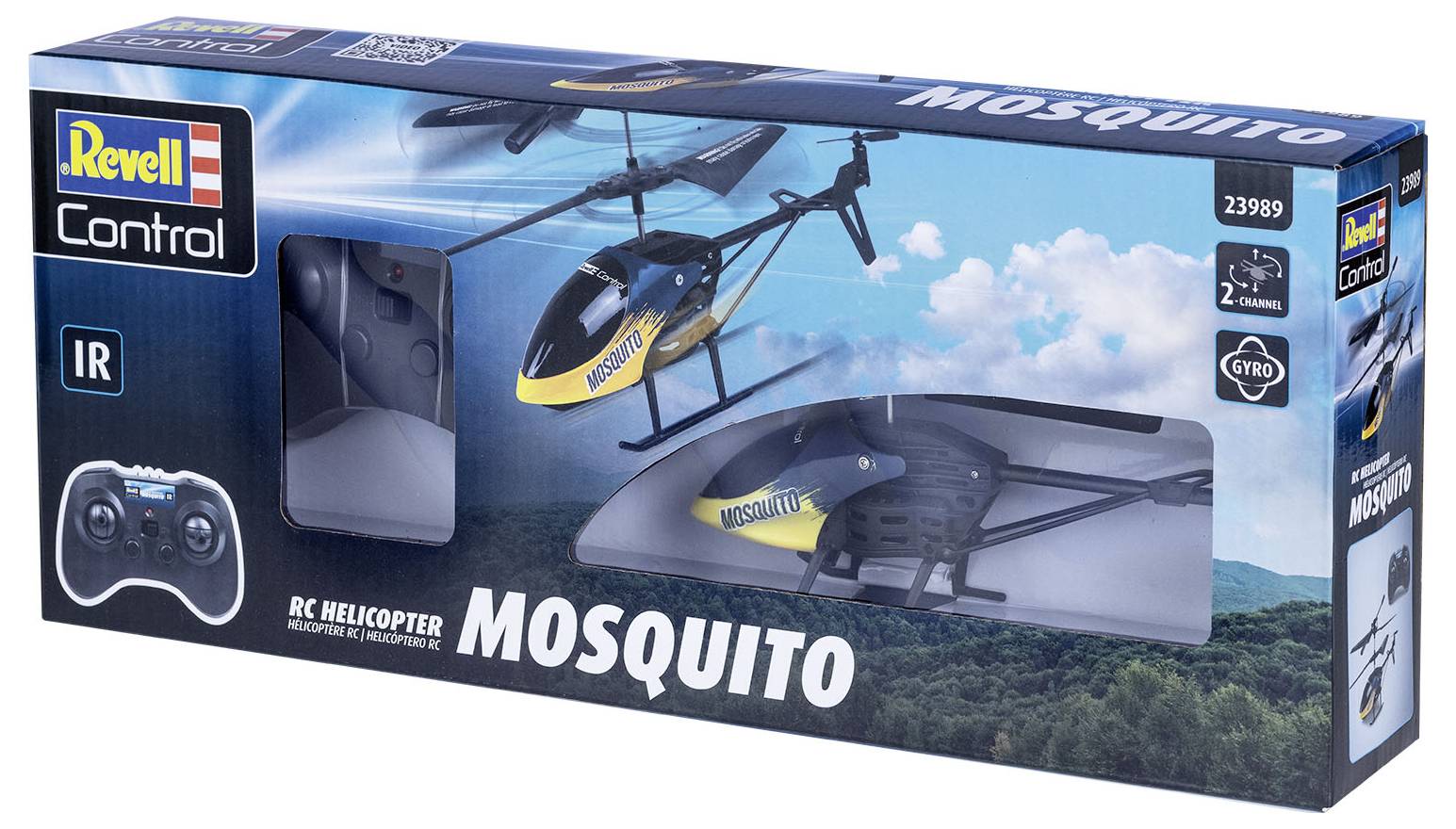 Paket radijskog upravljanog helikoptera Revell 'Mosquito' s daljinskim upravljačem. Prikaz helikoptera s oblacima i krajolikom u pozadini.