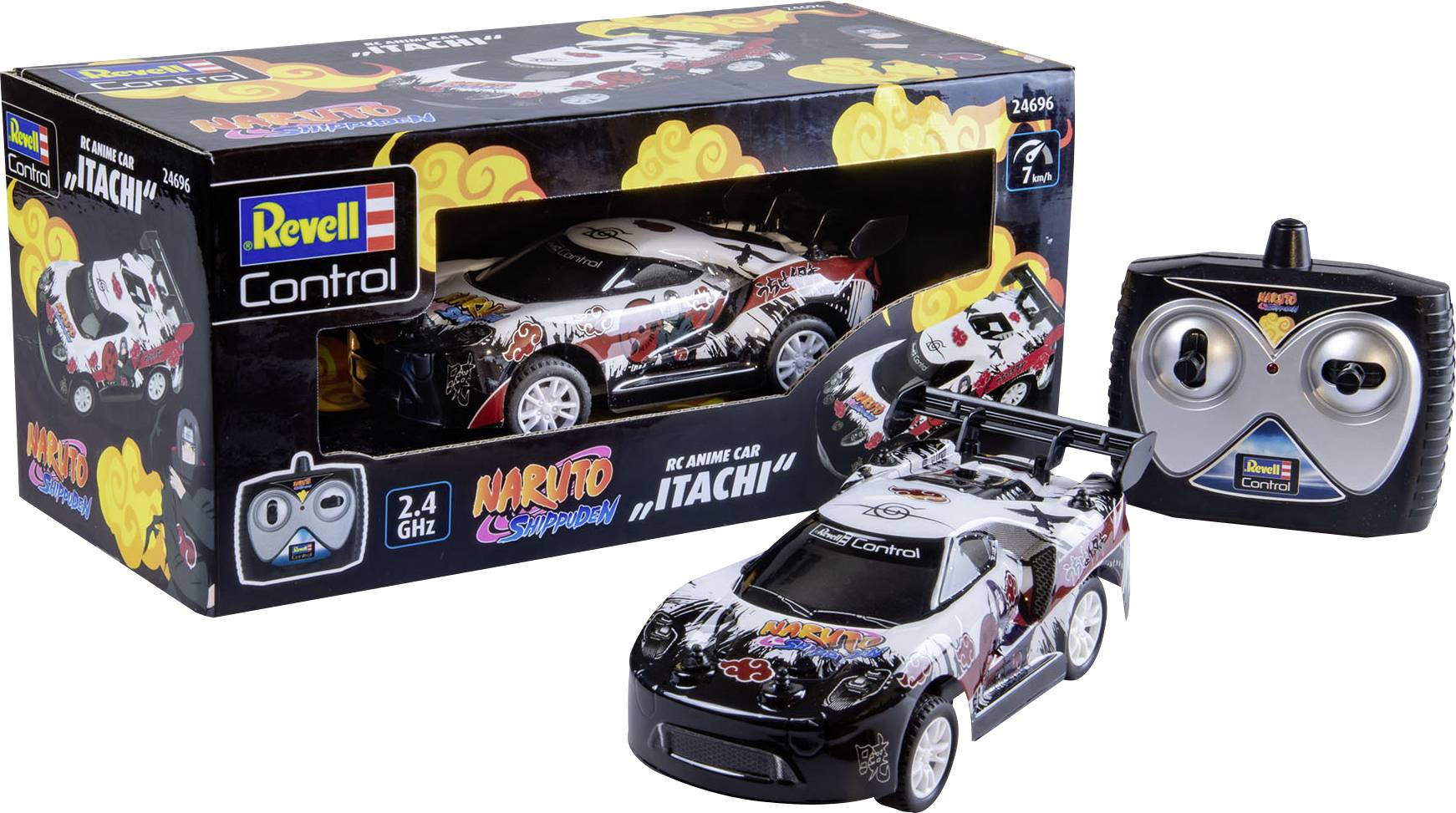 Daljinski upravljani modelni automobil tvrtke Revell s grafikom 'Naruto Shippuden Itachi'. Uključuje automobil, daljinski upravljač i ambalažu.