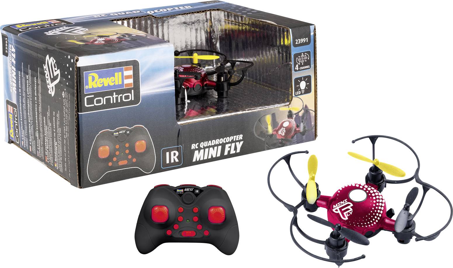 'Revell Control Mini Fly' RC-Quadrokopter s daljinskim upravljačem. Ambalaža proizvoda prikazuje model i upravljanje.