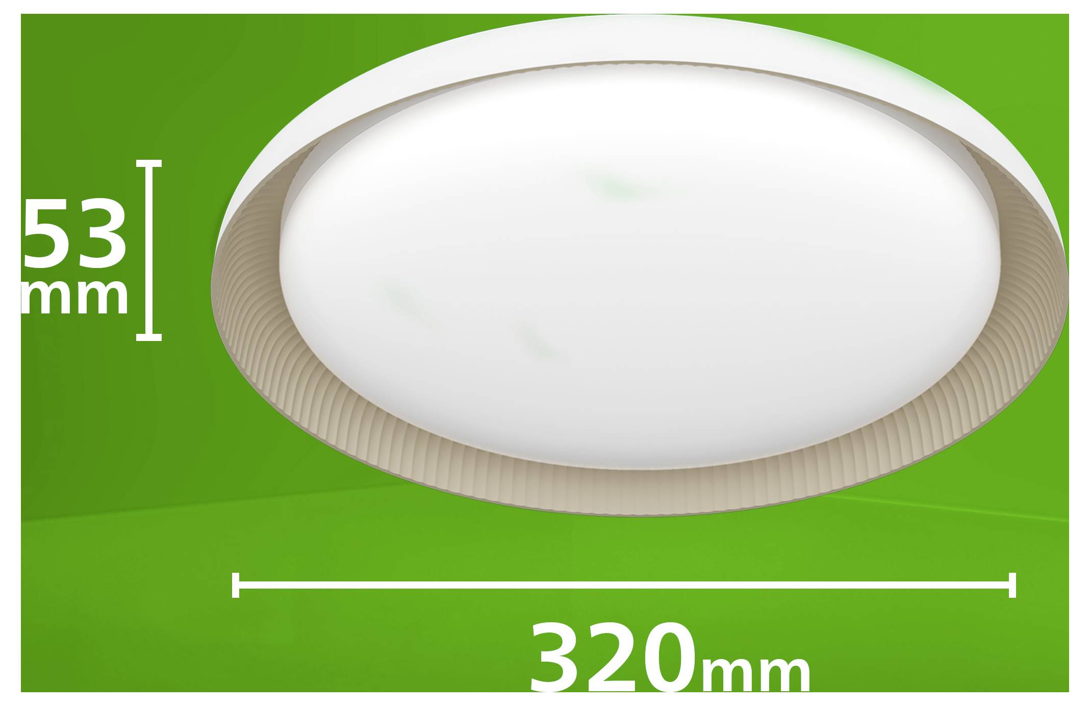 Ovalna stropna rasvjetna armaturu prikazana na zelenoj pozadini, označena sa visinom 53 mm i širinom 320 mm.