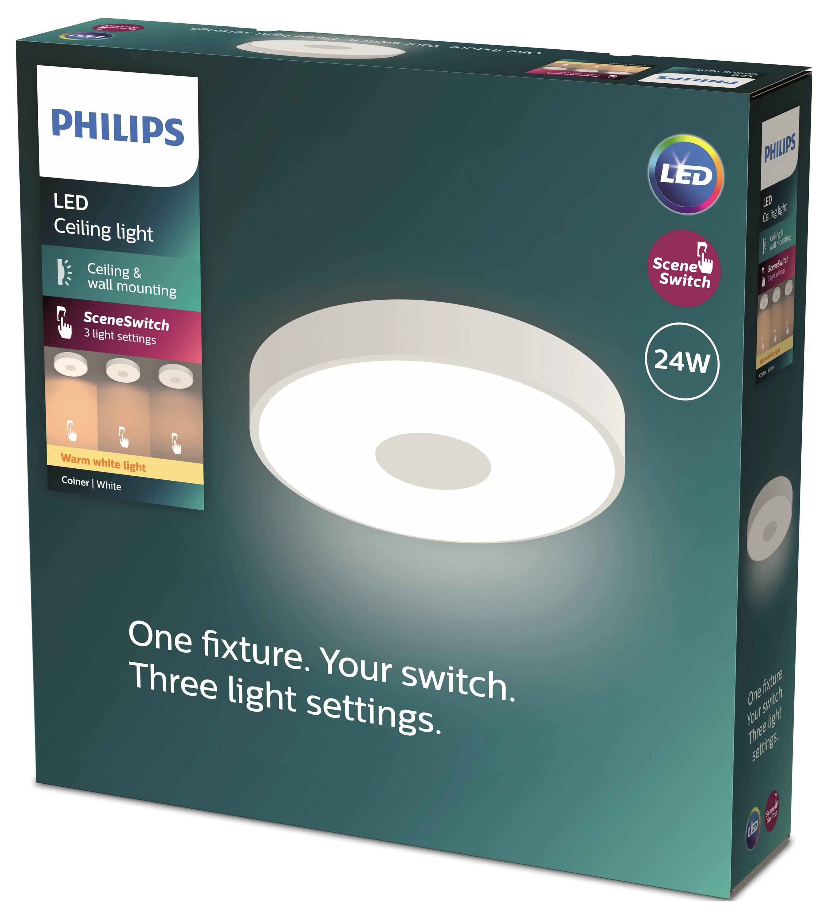 Philips LED stropna svjetiljka, ambalaža prikazuje bijelu okruglu svjetiljku. Tekst: 'Jedna svjetiljka. Vaš prekidač. Tri postavke osvjetljenja.'