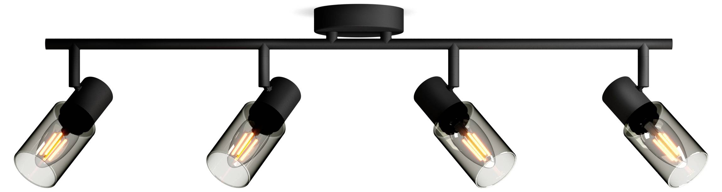 Crna stropna lampa s četiri zakretljive, cilindričnog oblika lampe, svaka s užarenim žaruljama.
