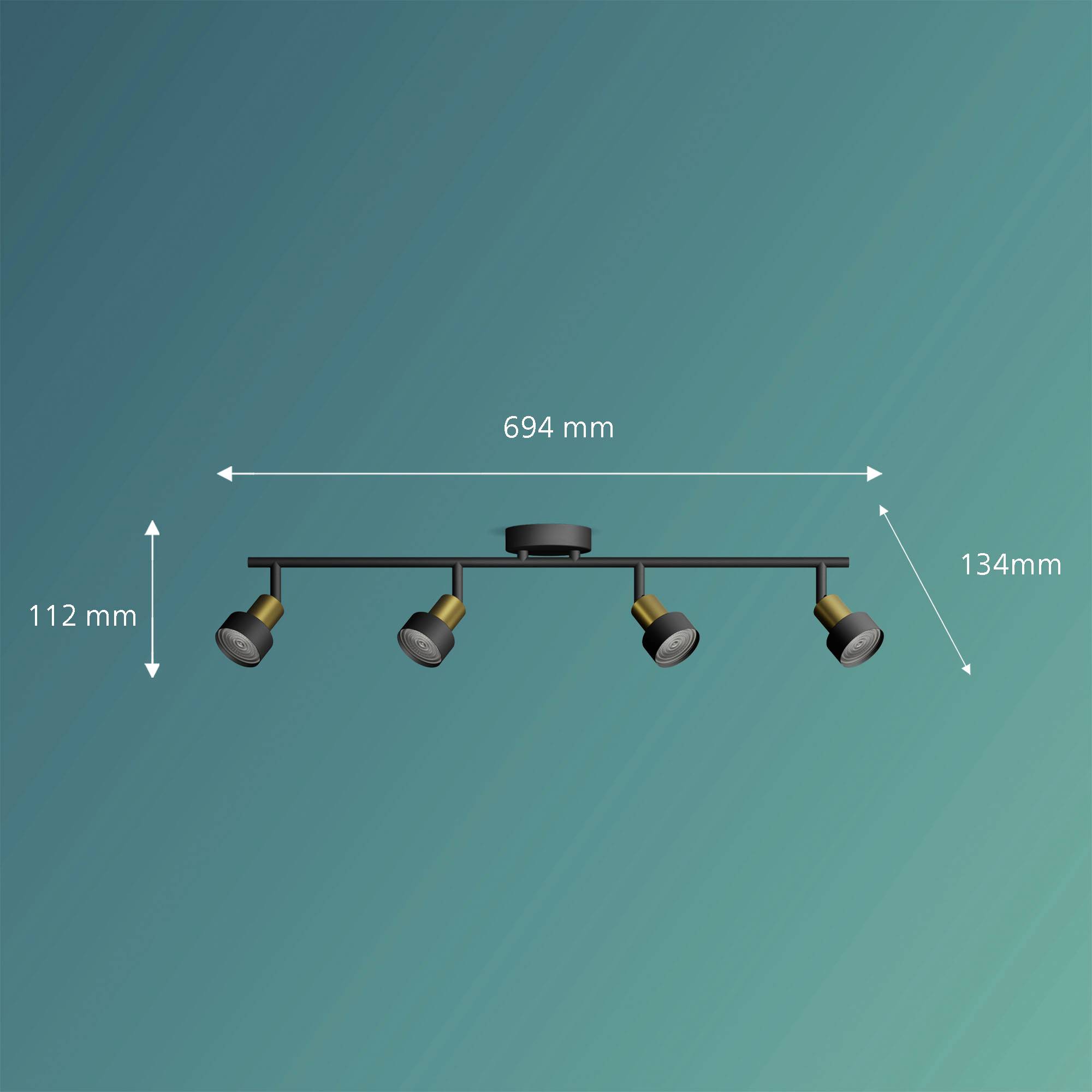 Crna stropna lampa s pet podesiva reflektora, ukupne širine 694 mm, udaljenosti od zidova: lijevo 134 mm, gore 112 mm.