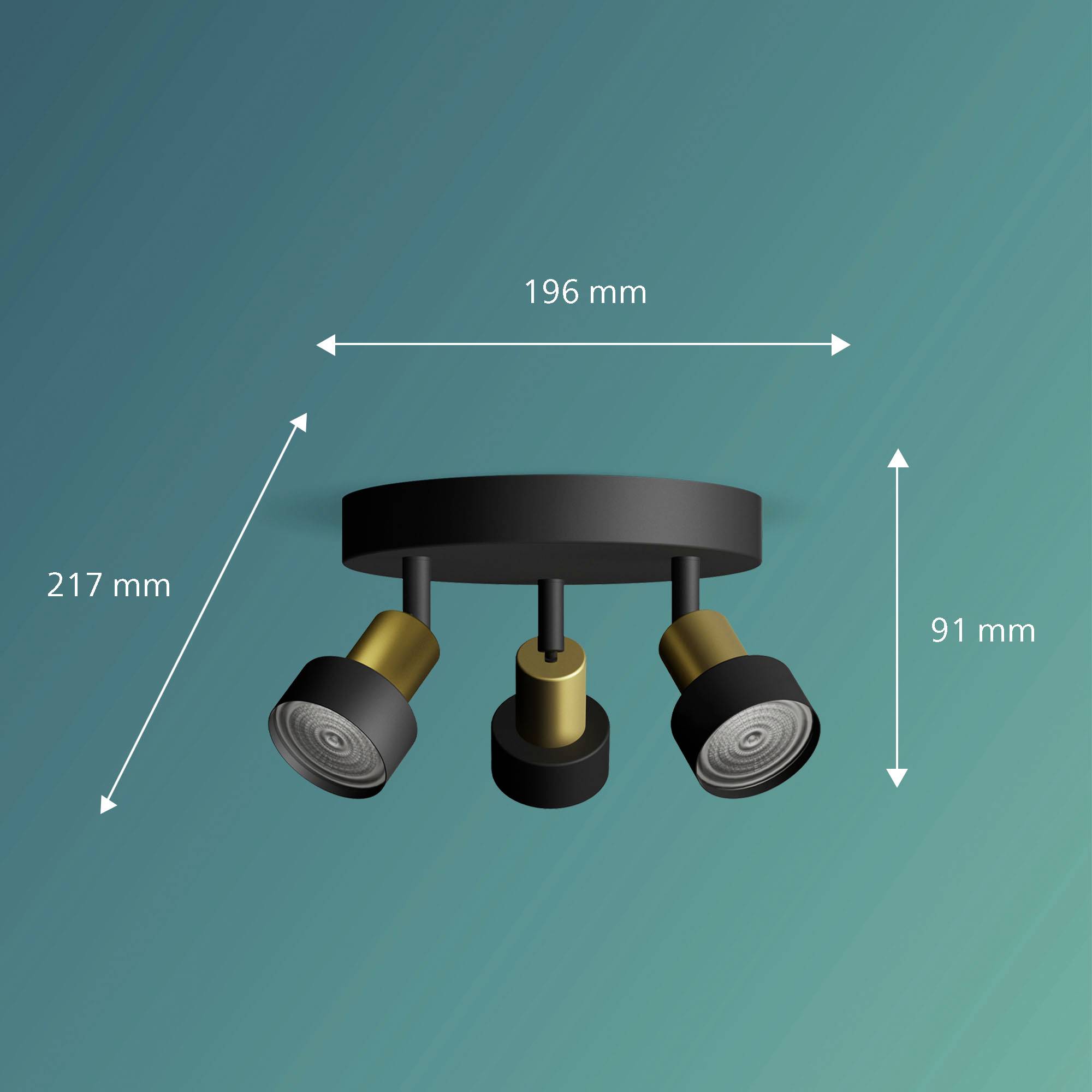Stropna lampa s tri podesiva reflektora. Dimenzije: 196 mm širina, 217 mm dubina, 91 mm visina. Pozadina u tirkiznoj boji.