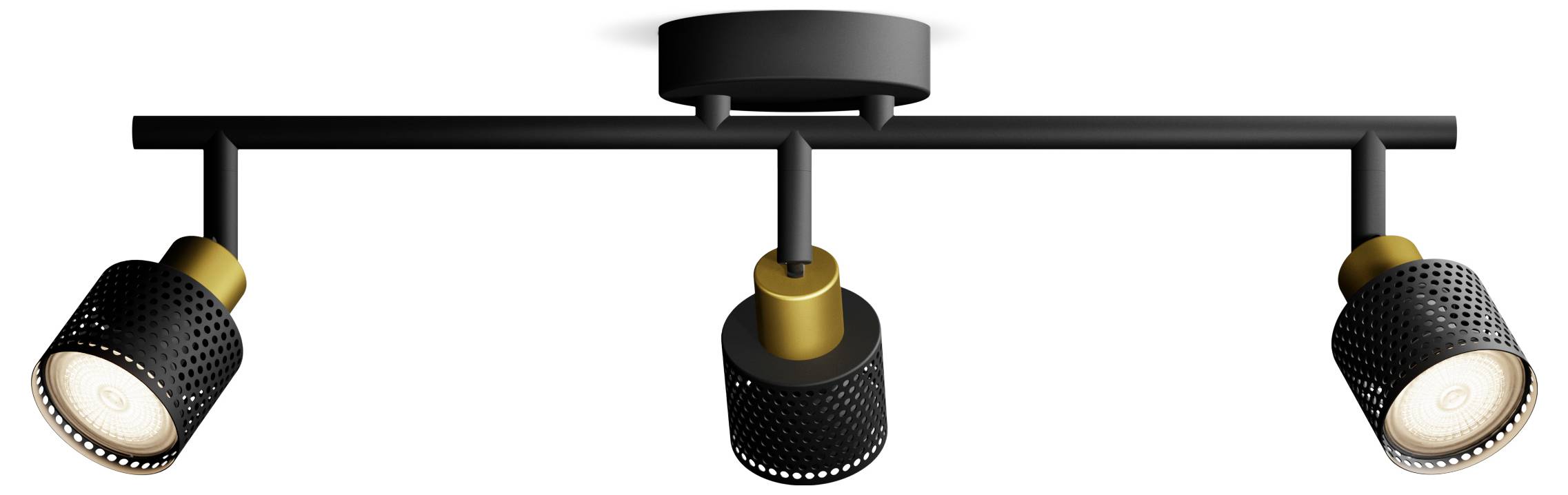 Crna stropna lampa s tri LED-spots u zlatnimokvirima, modernog dizajna, pogodna za naglašavanje osvjetljenja u prostorima za življenje.