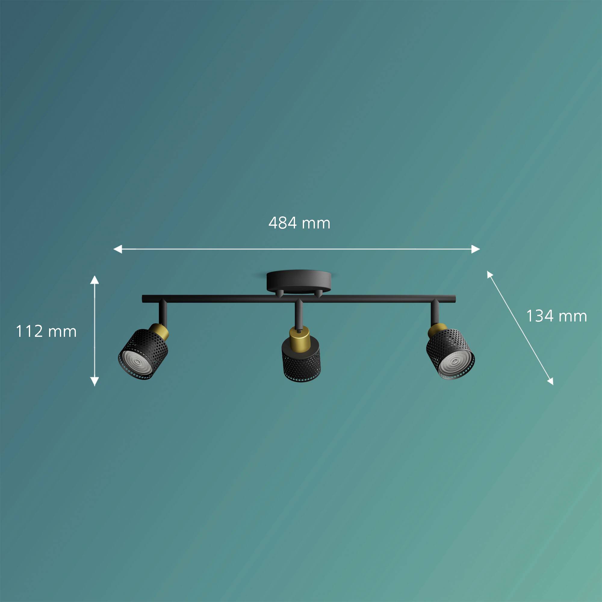 Trostruki stropni reflektor s podesivim reflektorima. Dimenzije: širina 484 mm, visina 112 mm, dubina 134 mm.