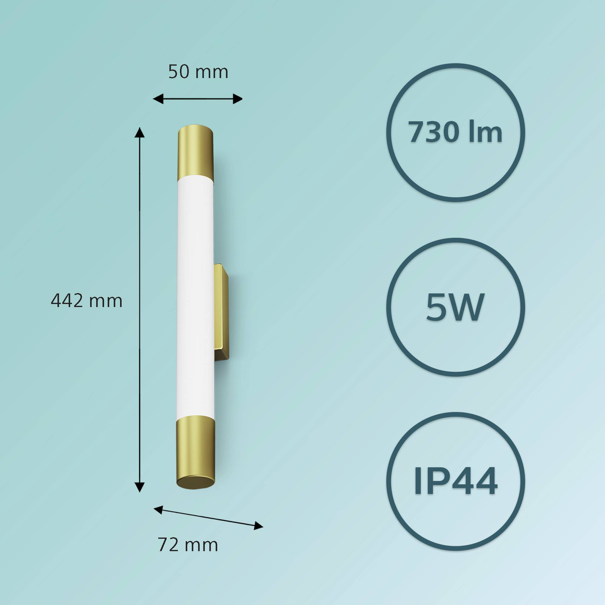 Zidna svjetiljka, vertikalna: dimenzije 442 mm visoka, 72 mm široka. Specifikacije: 730 lumena, 5 watta, zaštitni razred IP44.